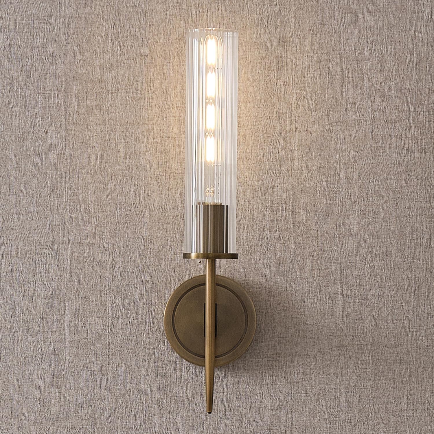 Aicken Brass Wall Sconce, Bedside Wall Lighting Fixtures with Removable Clear Glass Shade Antique Brass Finish