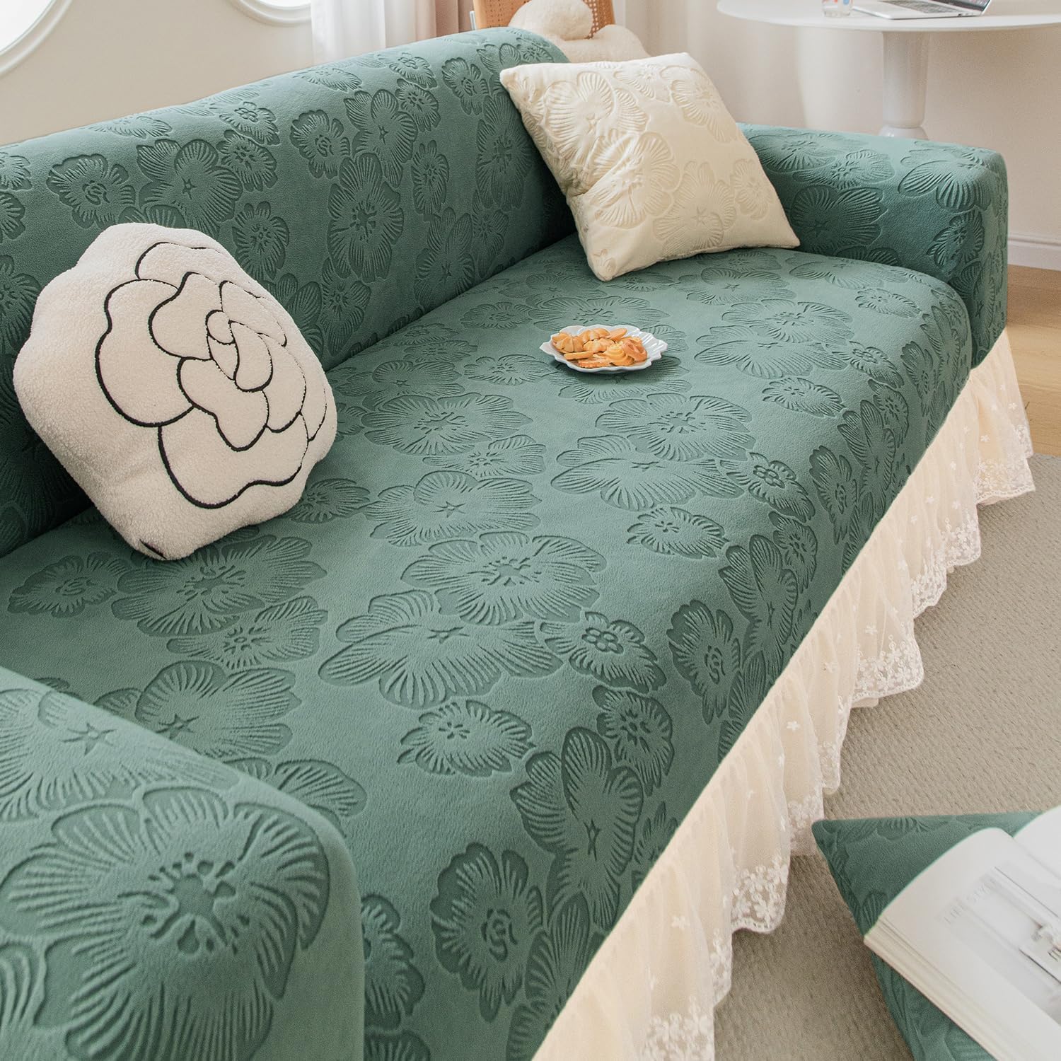 HOKIPO 'Floravelle' 200 GSM Knitting Jacquard 3-Seater Sofa Cover with Elegant Ruffle Skirt – Fully Covered, Basil Green (NEW-AR-6031-GRN)-image-29