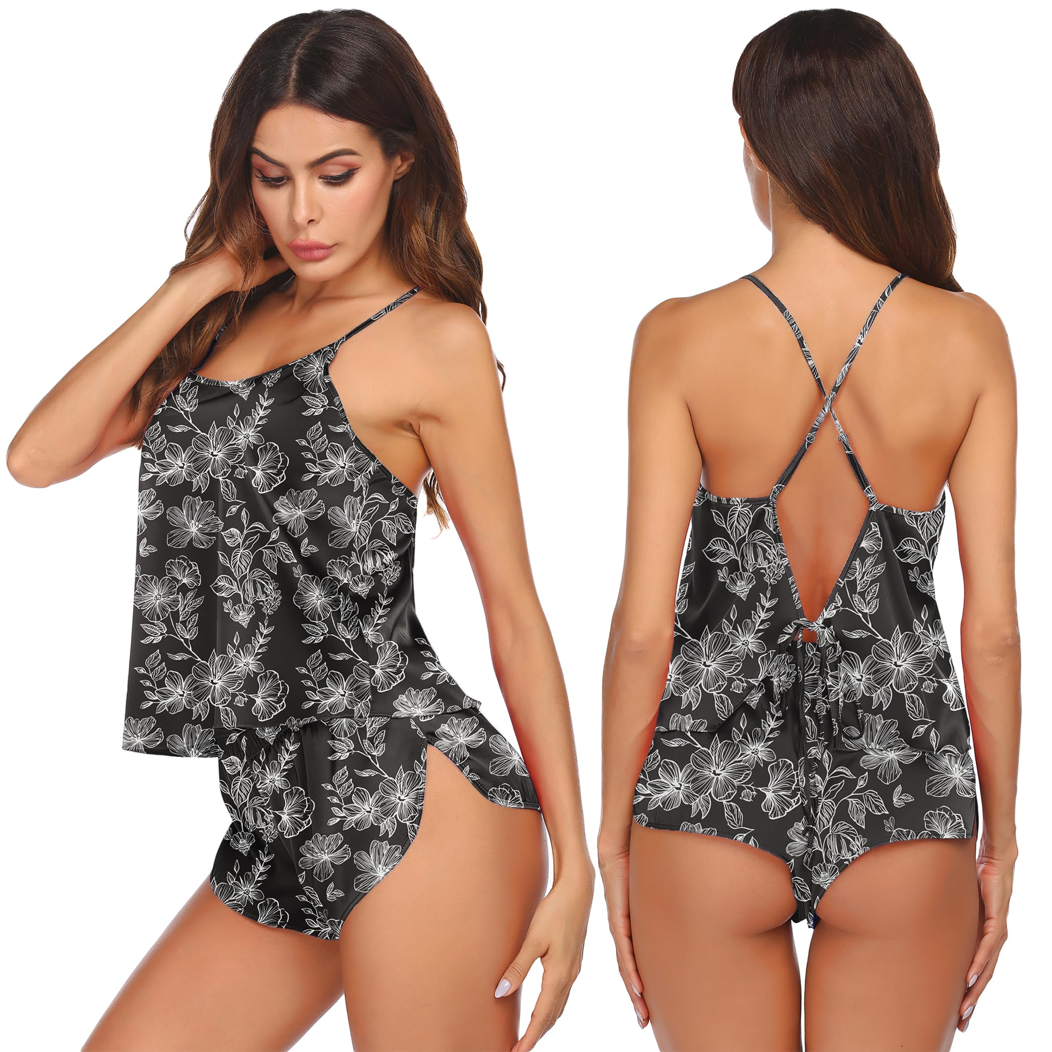 Ekouaer Silk Pajamas Set for Women Satin Backless Lingerie Pjs Cami Top and Shorts Nightwear