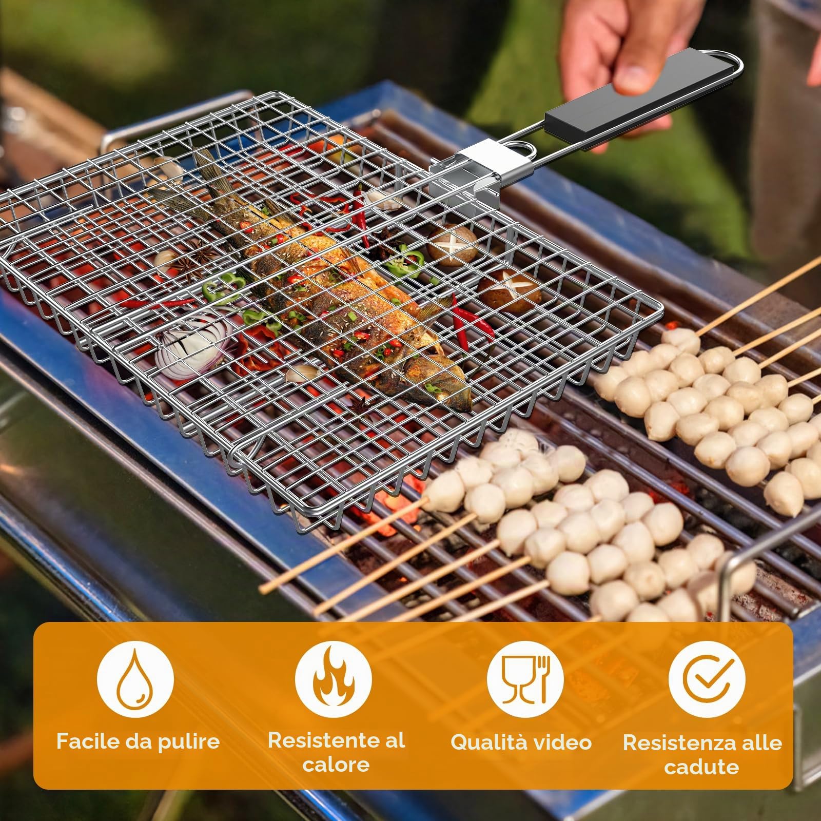Cestello per Griglia, Grande Griglia Pesce Barbecue, Cestino per Barbecue con Manico Rimovibile, con Pennello da Forno e Borsa, Griglie per Barbecue per Pesce, Bistecche, Gamberetti e Verdure