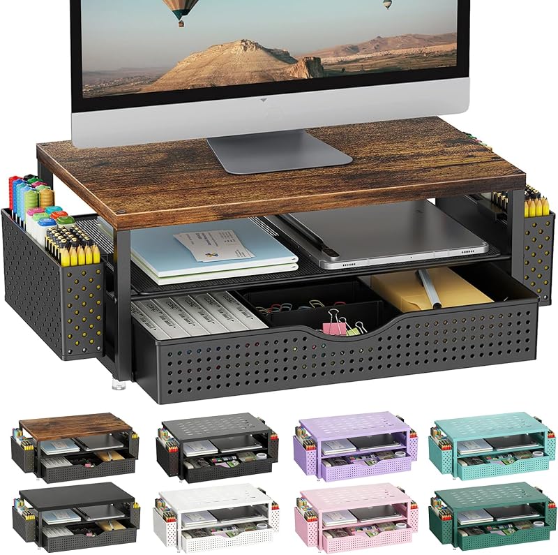 Desk Organizers and Accessories, Monitor Stand with Drawer and 2 Pen Holder, Desktop Organizer Suitable for Offices and Dormitories (Wood-Plain)