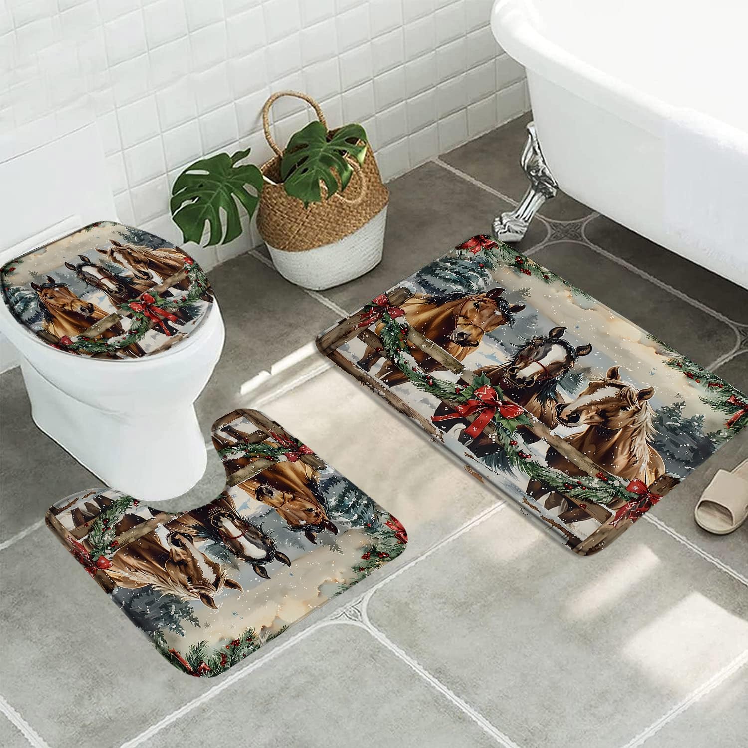 3pcs Christmas Horse Bathroom Sets with Non-Slip Rugs,Toilet Lid Cover and Bath Mat,Farmhouse Wild Animal Fence Pine Twig Xmas Tree Snow Forest Winter Holiday Bathroom Carpet Bath Mat Toilet Rugs