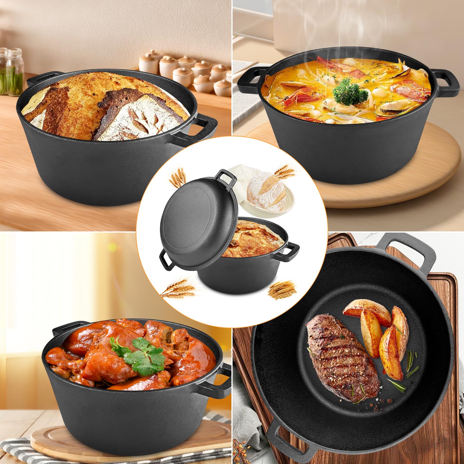 Olla de Hierro Fundido 26 cm, Para Hornear Pan Olla con Cesta de Fermentación, Horno Holandés 2 en 1, Sartén Robusta Para Hornear Pan, para Camping, Cocina, Casera, Barbacoa, Bake
