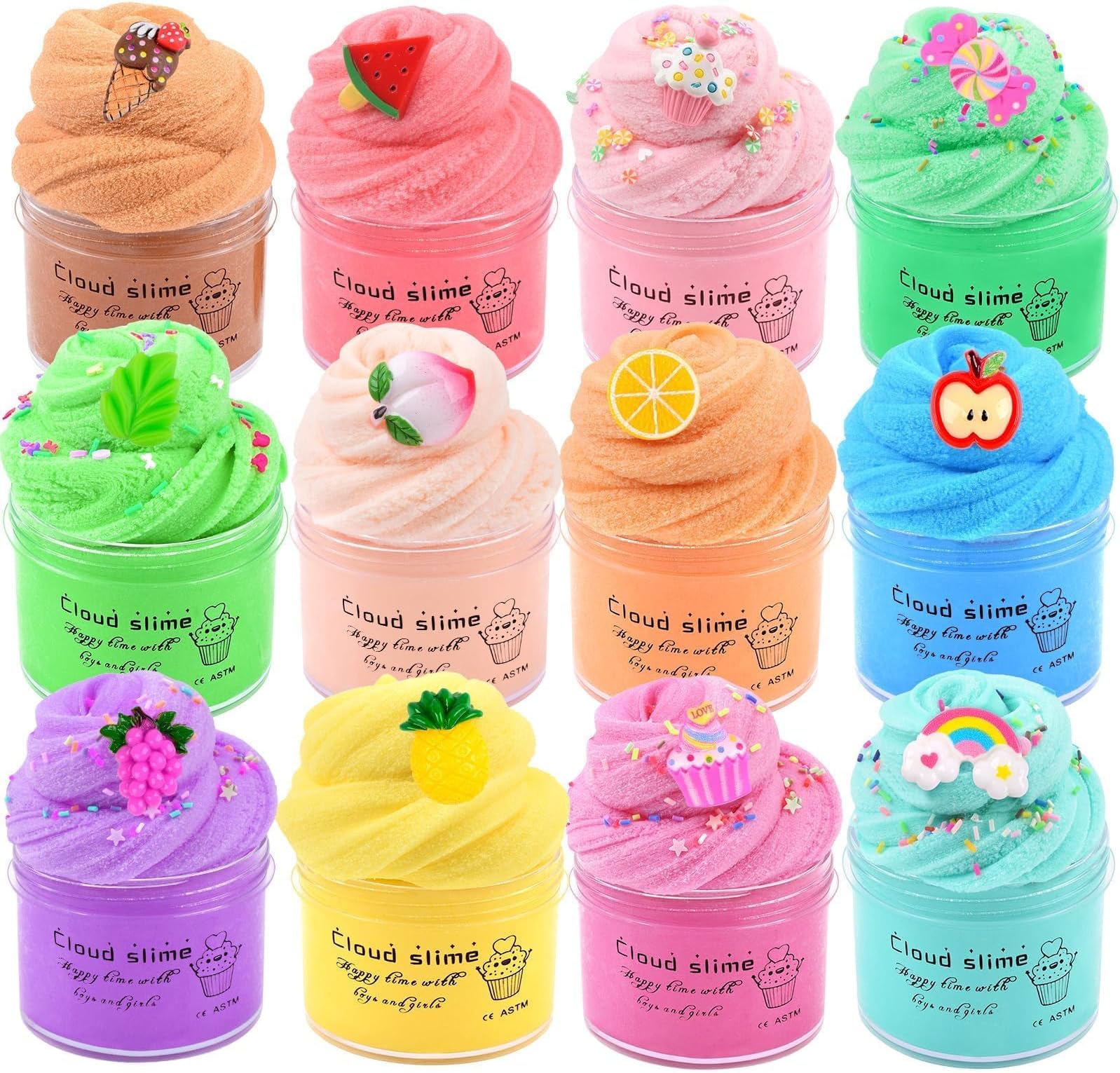 12 Pack Fluffy Cloud Making Cheap Slime Kit for Kids, With Peach Rainbow Cake Watermelon Grapes Slime Charms, Easte Butter Bulk Slime Games for Girls and Boys, Bag Fillers Toy Education, Party Favor