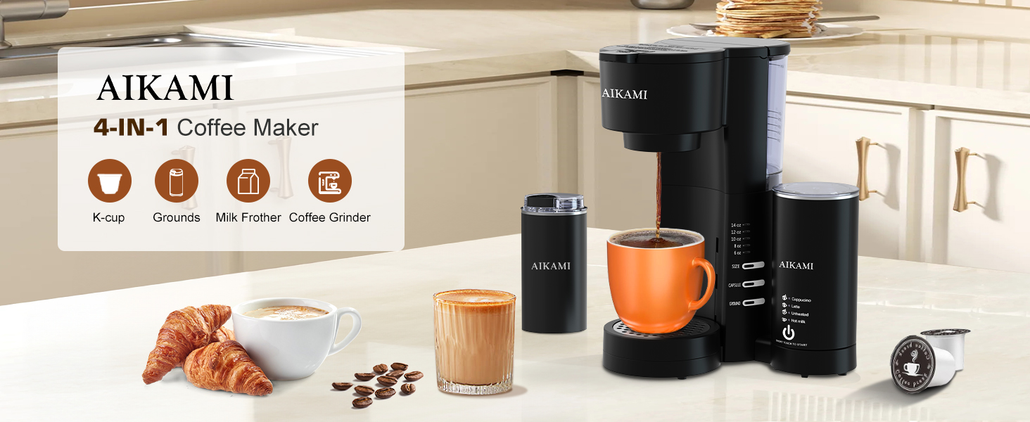 Amazon.com: 4 IN 1 Single Serve Coffee Maker with Milk Frother and Coffee  Grinder, Coffee Maker for K Cup and Ground Coffee, with 30 oz Removable  Water Reservoir, 6 to 14 oz.