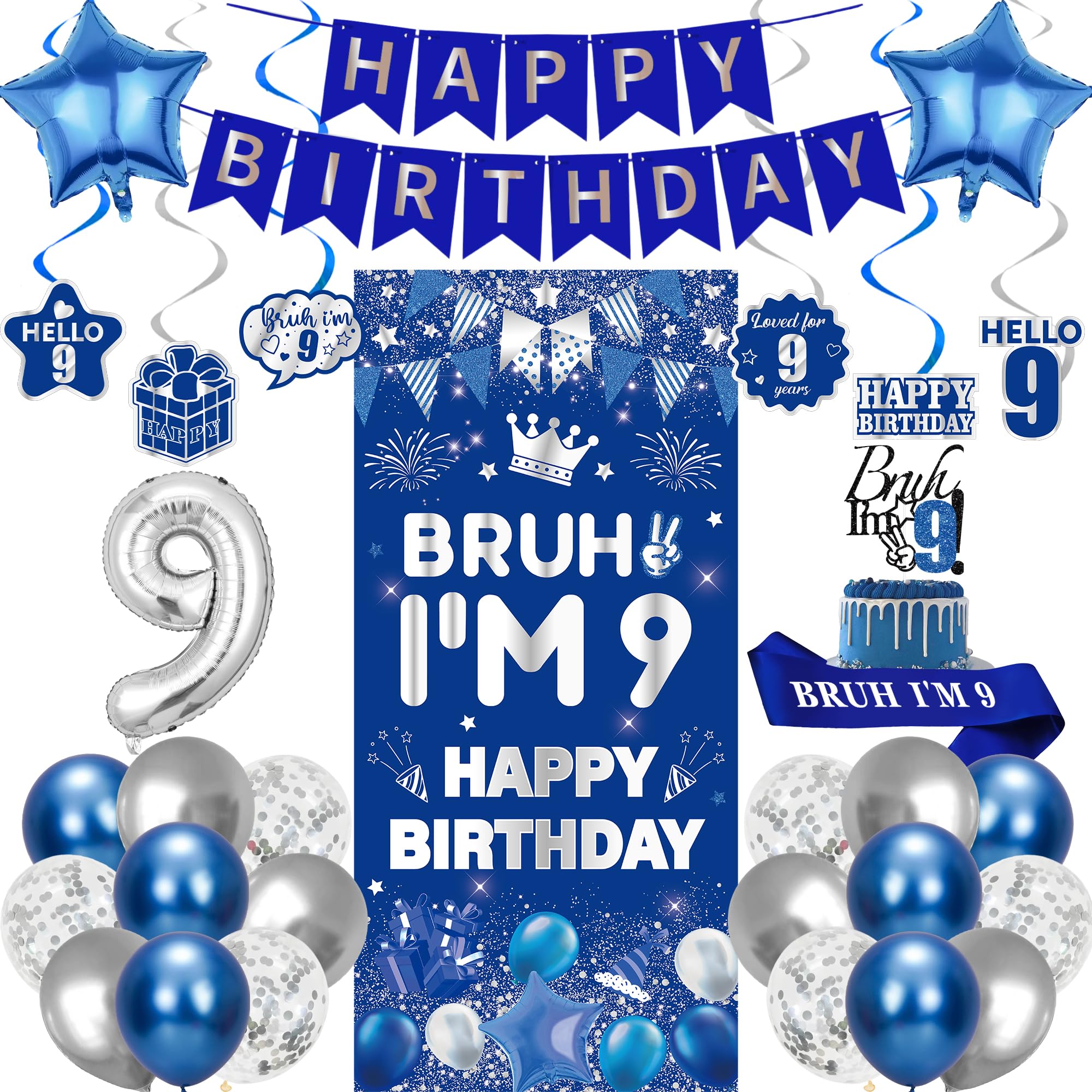 9th Birthday Decorations Balloons Banner - 32 Pcs Blue Silver Glitter Bruh I'm 9 Banner Number 9 Foil Balloon Hanging Swirls Cake Topper Sash for Boys Girls Age Nine Party Supplies