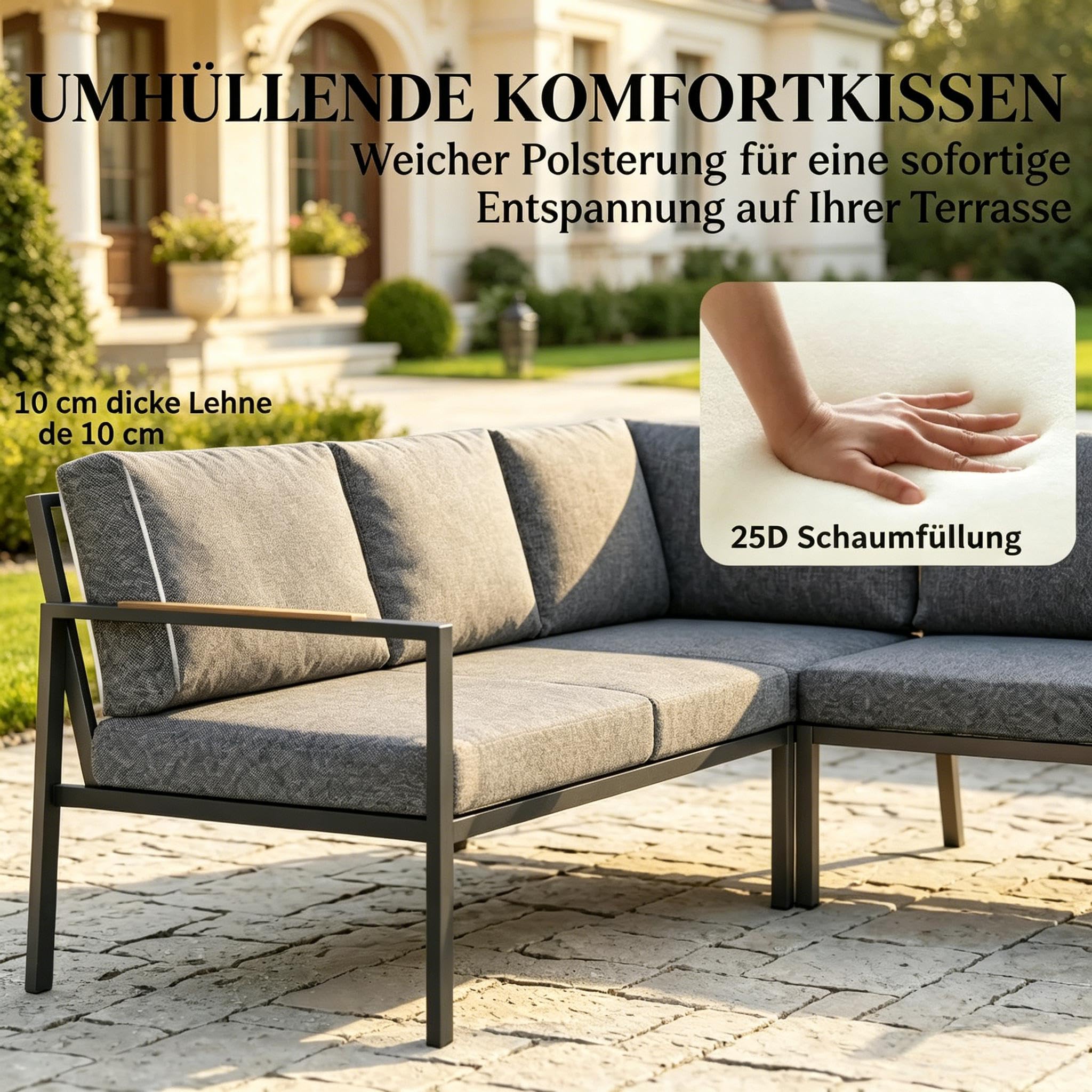 Gartenlounge Set Outdoor Ecksofa L-Form 5 Sitzer mit Glastisch, Wetterfestes Lounge Möbel Set aus Metall mit Polsterkissen, Modulares Gartensofa für Terrasse Balkon Garten, Dunkelgrau