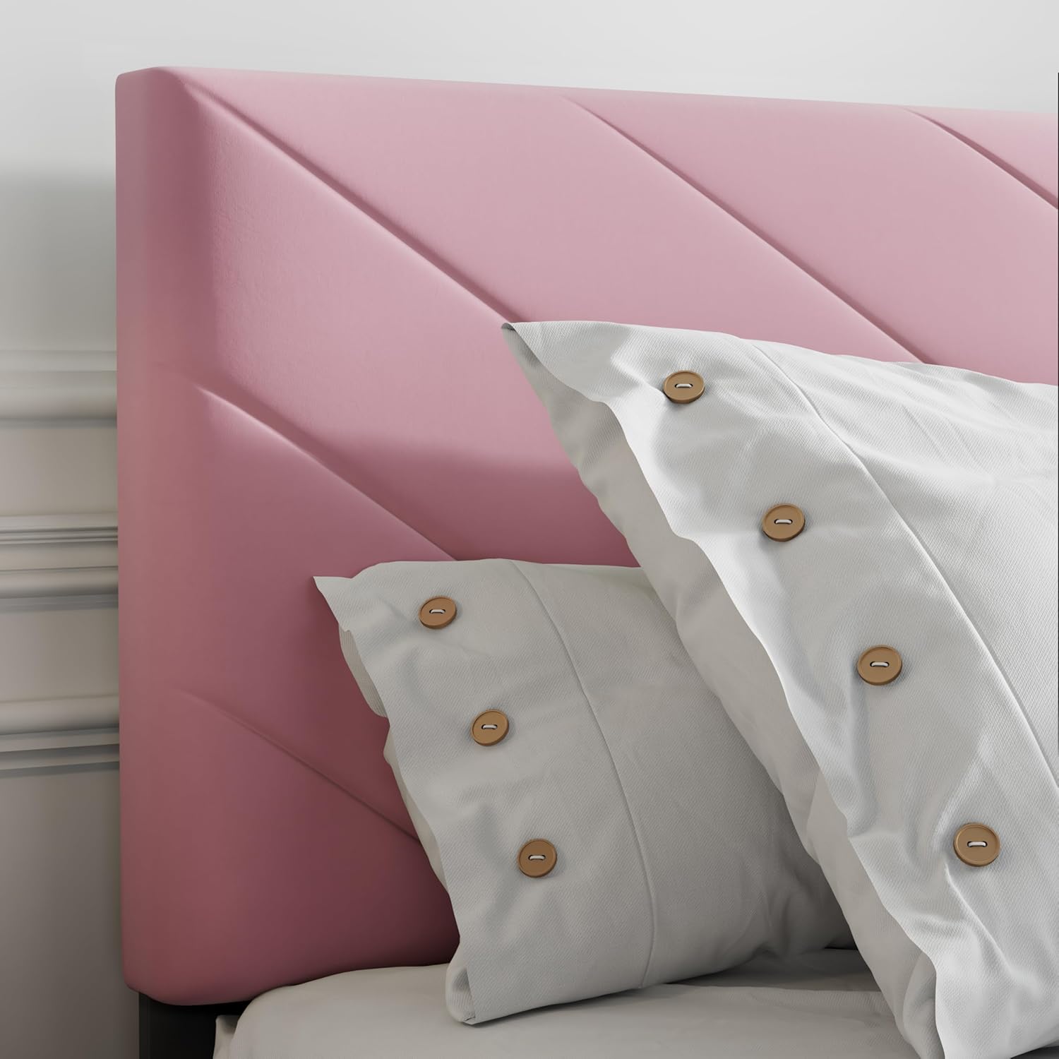 IOILORI Full Size Bed Frame Platform with Upholstered Headboard, Sturdy Wooden Slats, Noiseless, No Springs Required, Easy to Assemble Pink