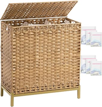 SETVSON Laundry Hamper with Lid, 35 Gal 3-Bag Clothes Sorter, Natural