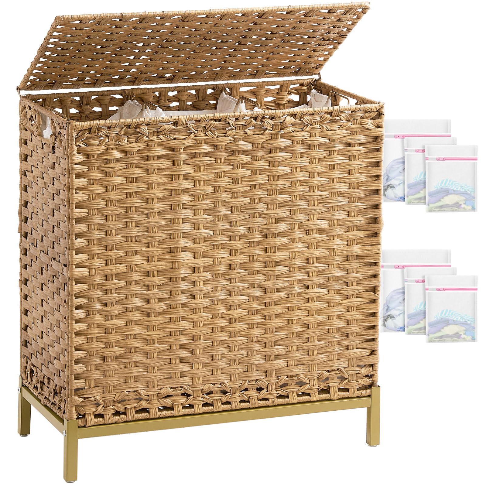 SETVSON Laundry Hamper with Lid 132 L, (35 Gallons) Clothes Hamper with Lid, Handwoven Rattan Laundry Hamper with Metal Heightened Feet, Laundry Hampers with 3 Removable Liner Bags for Laundry-Natural