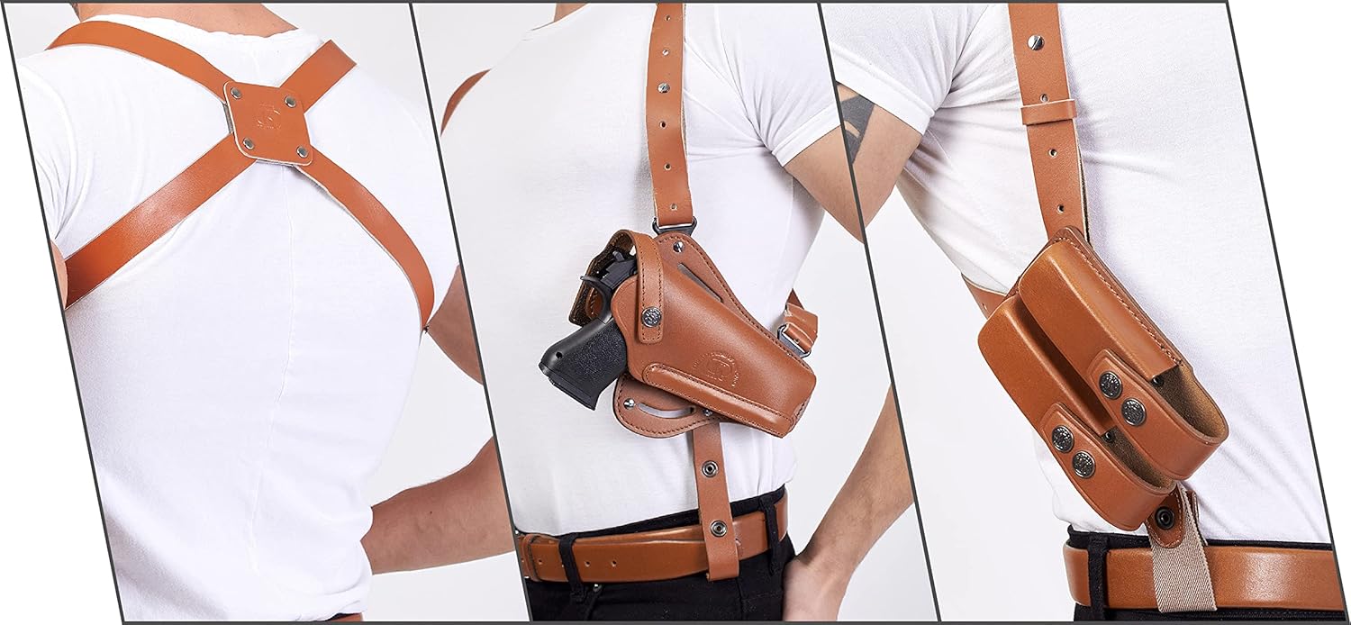 K446 Vertical-Horizontal Shoulder & Belt Holster with Double Mag Pouch Fits Beretta CZ 75 Browning HP Sig Sauer with 4" Barrel (3in1) Genuine Leather Handmade! (Brown)