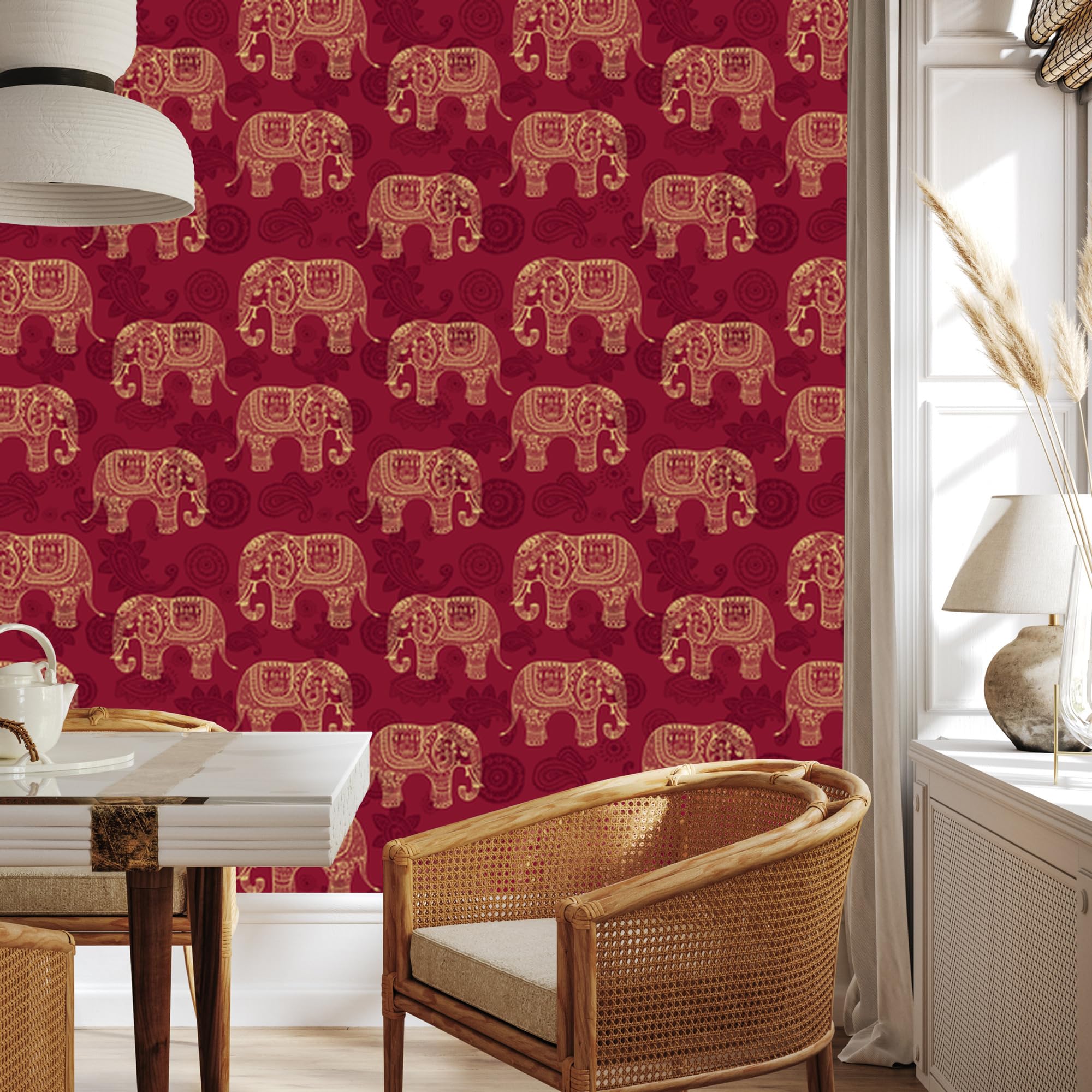 Vliestapete Elefanten im orientalischen Stil 50 x 1000 cm | Ausdrucksstarke Faunadarstellung; Lebendige Naturkulisse; Charaktervoller Zimmerschmuck; Kleister im Set