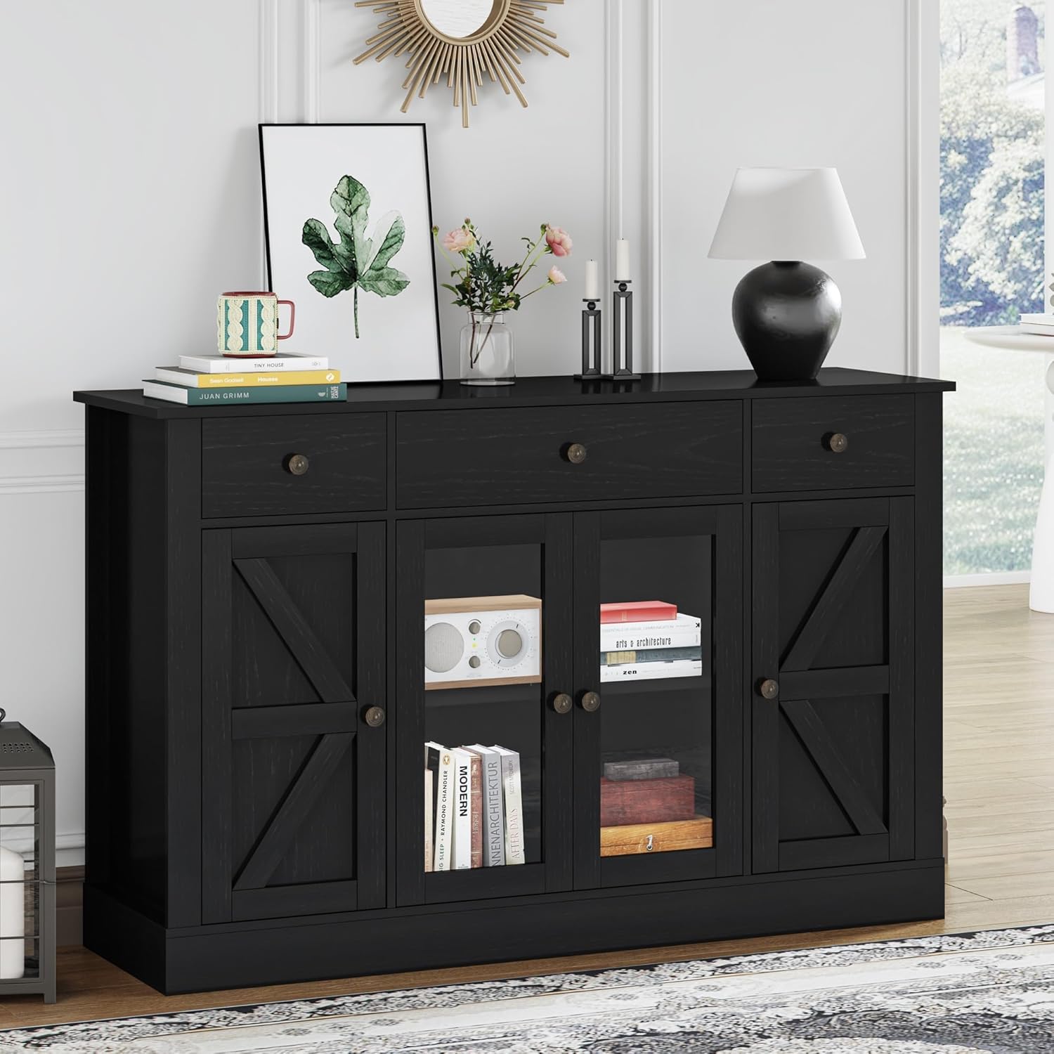 4 EVER WINNER 55" Large Coffee Bar Cabinet with 4 Doors and 3 Drawers, Farmhouse Coffee Bar with Plexiglass Doors, Buffet Cabinet with Storage & Adjustable Shelves for Kitchen, Dining Room, Black