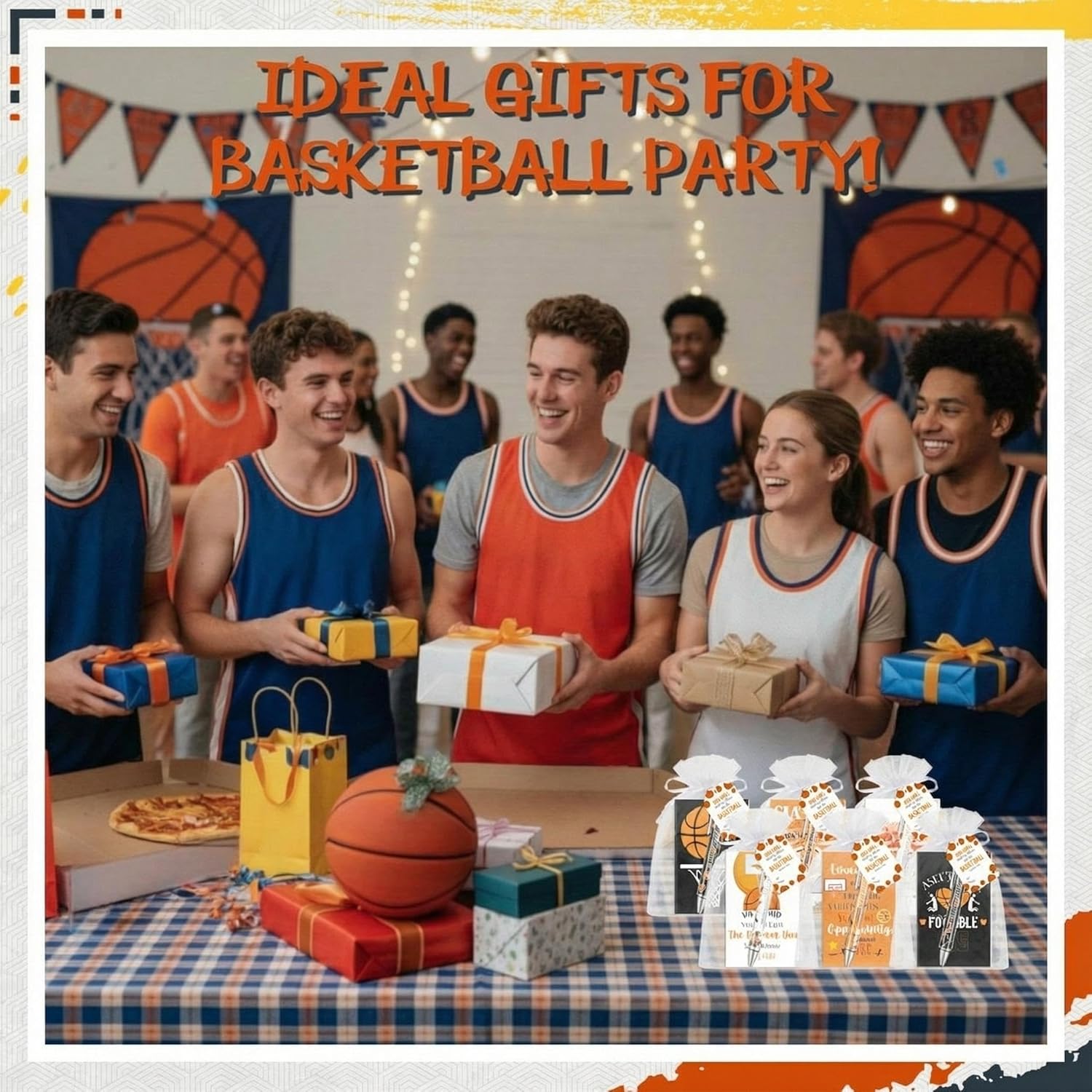 Eaasty 24 Sets Basketball Gifts Bulk Basketball Party Favors Include Ballpoint Pens Notebooks Cards with Organza Bags Set for Sport Goodie Bag Stuffers Party Supplies