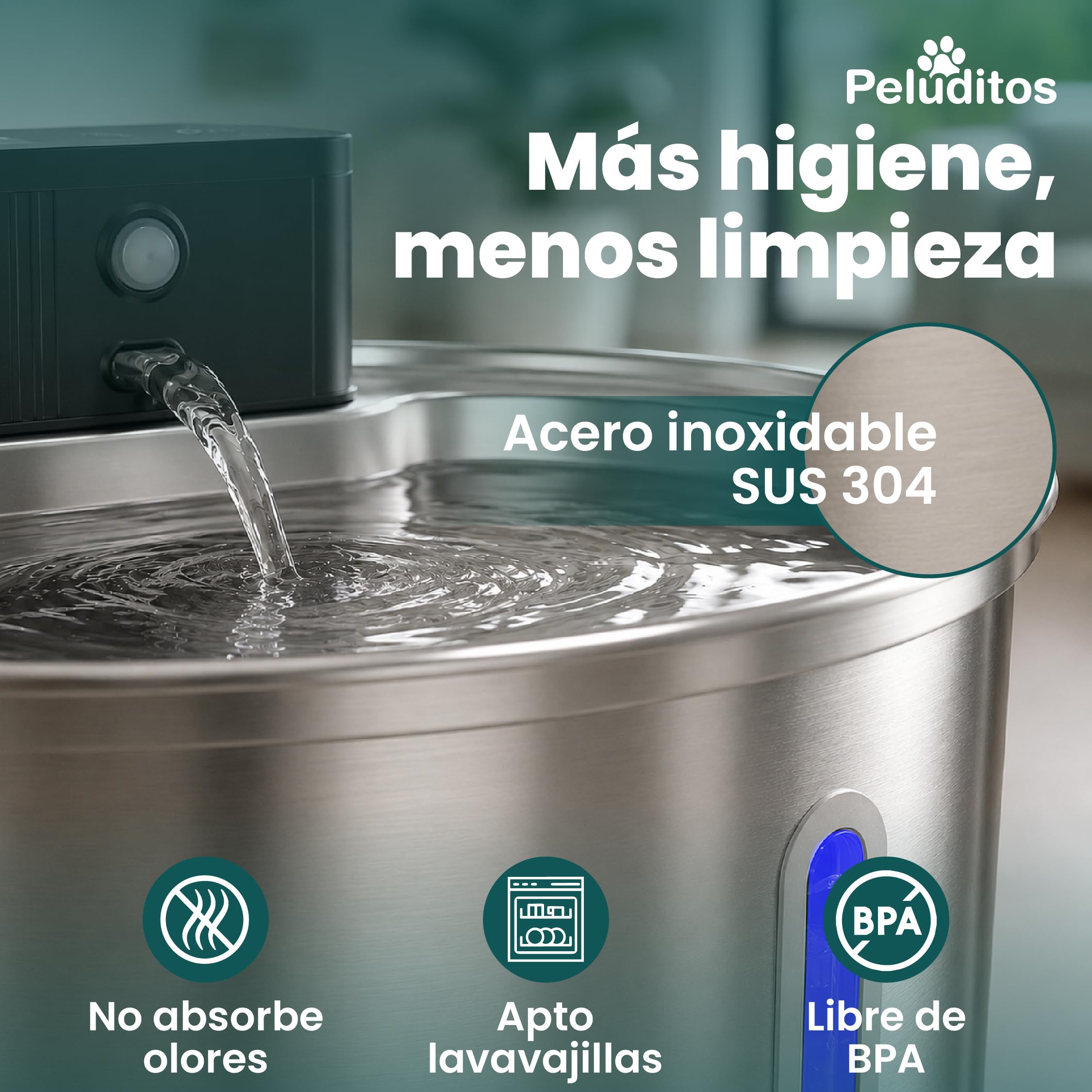 Peluditos SUS304 - Fontana per gatti in acciaio inox, 2,5 l, senza cavo, ricaricabile, 4200 mAh, con sensore di movimento, fontana d'acqua per gatti e cani, ultra silenziosa