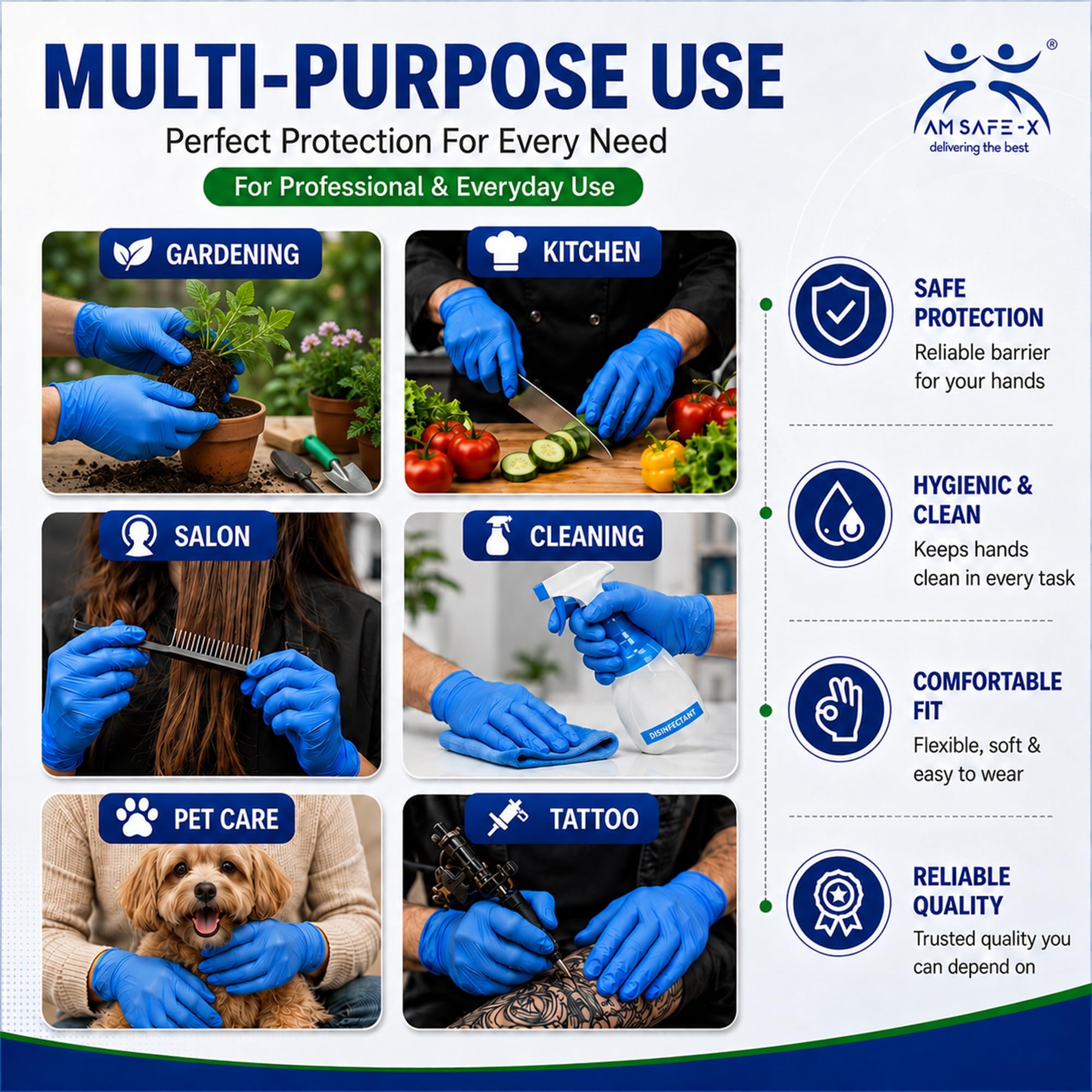AM Safe X Powder Free Blue Nitrile Gloves for Hands 100pcs | Food Grade Heavy Duty Disposable Multipurpose Gloves | Single Use |Cleaning, Kitchen, Tattoo, Salon, Automotive & Examination Gloves Medium 3