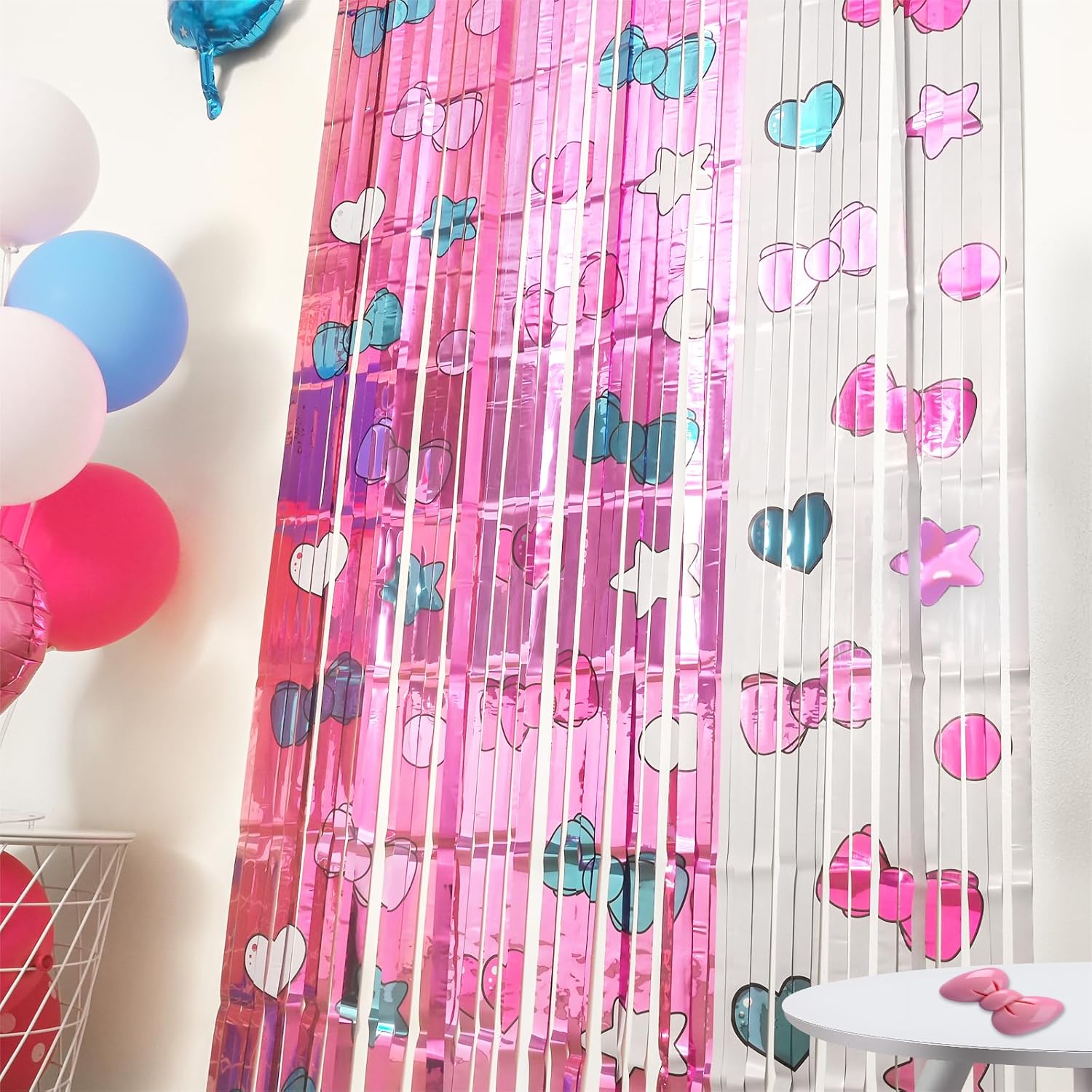 Bupelo Kawaii Birthday Decorations, 2 Pack Cartoon Cat Theme Party Supplies, 3.3 x 6.6ft Tinsel Foil Fringe Curtains, Bow Photo Booth Props, Backdrop Streamers, Perfect Room & Doorway Decor for Girls