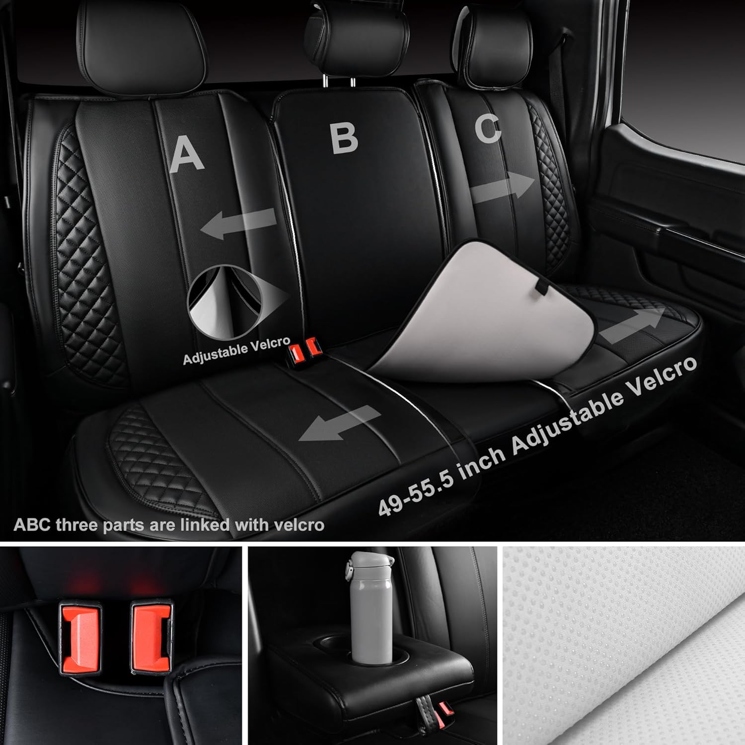 CAR PASS Waterproof Leather Back Seat Covers, Nappa PU Leather Rear Seat Bench Cushioned Breathable Back Row Protector Universal Fit for Car Sedan SUV Pickup Truck, Backseat Rear (Black)