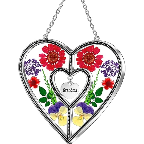 KY&BOSAM Heart Suncatchers Grandma Gift Ornament Stained Glass Sun Catcher Garden hangings Windows with Pressed Flower Heart Embedded in Glass Gifts for Grandma Mother`s Day Birthday Gifts