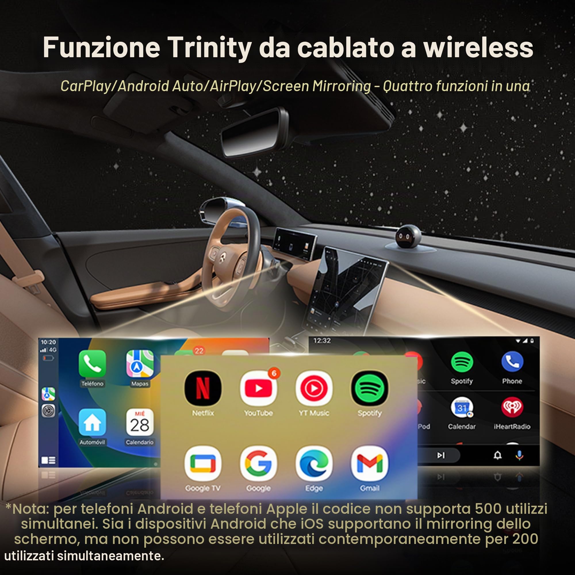Adattatore Wireless CarPlay 4 in 1 – Cavo per auto CarPlay & Android con Mirror Link & AirPlay, Modulo CarPlay Wireless Plug & Play per iPhone e Android, auto dal 2016 (argento)
