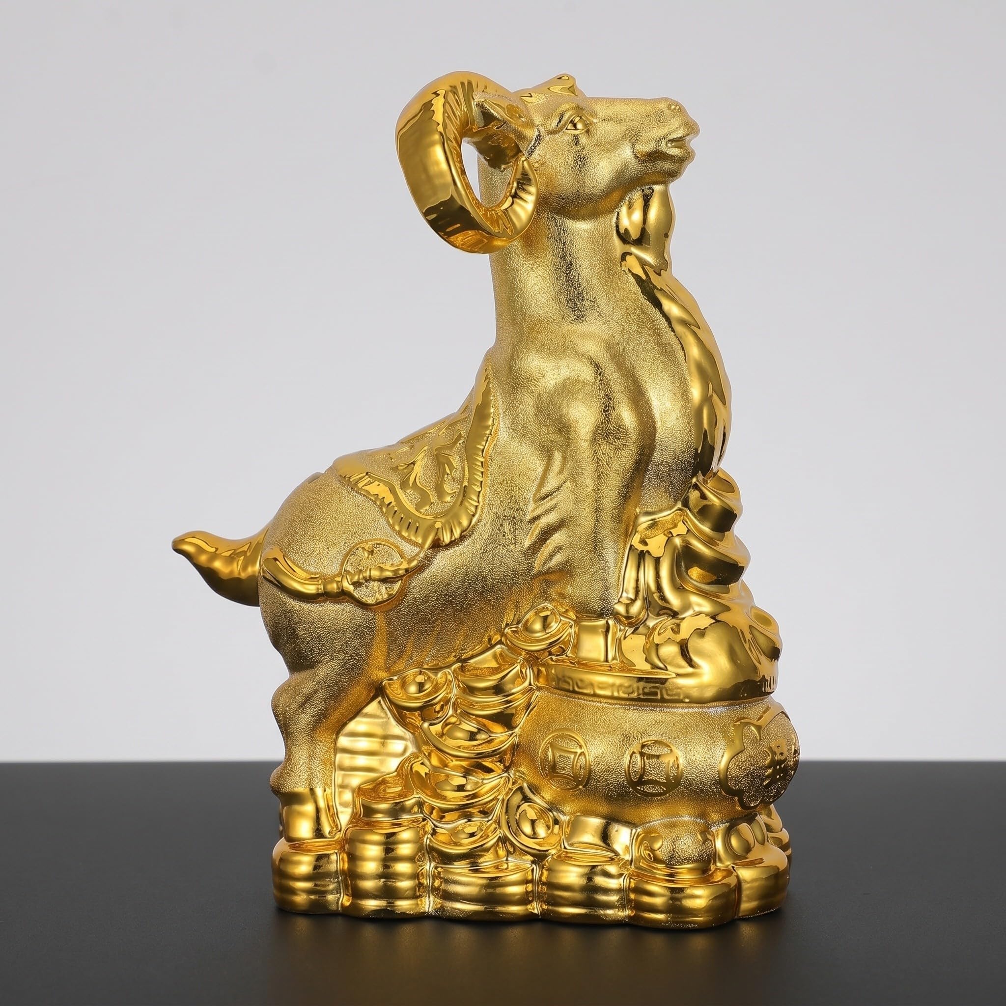 Goldene Keramik Ziegen Spardose mit Münzfach und Schale