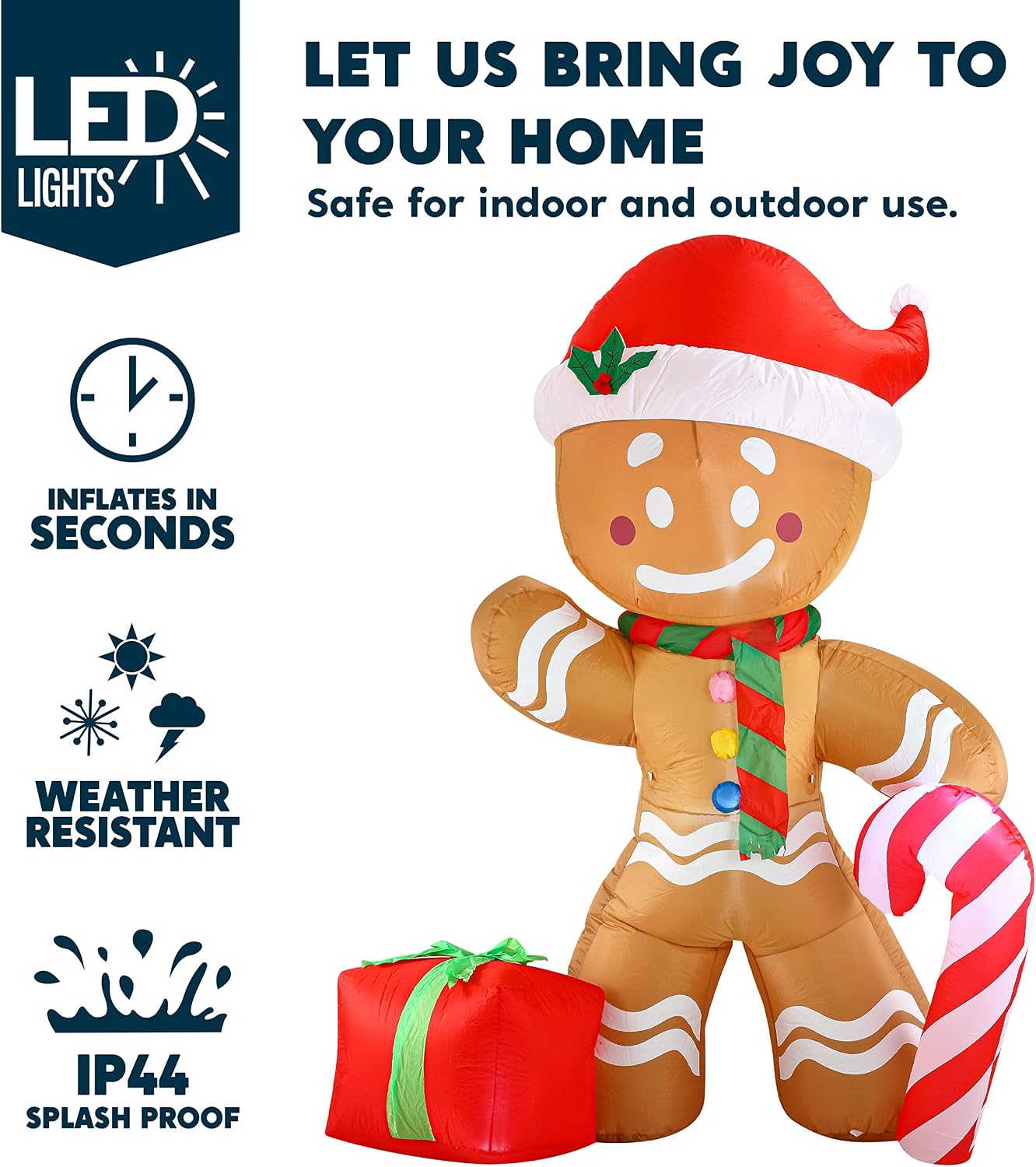 Joiedomi 8 FT Christmas Inflatable Gingerbread Man with Candy Cane, Blow Up Inflatable Yard Decoration with Build-in LEDs Inflatable for Christmas, Party Indoor, Outdoor, Yard, Garden, Lawn Décor