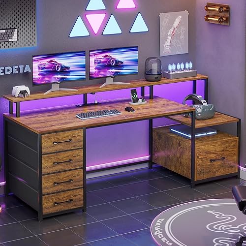 Vista 3 de SEDETA Home Office Desk with File Drawer & Power Outlet, 66'' Computer Desk with 5 Drawer, Storage Shelves, Printer Cabinet and Monitor Shelf