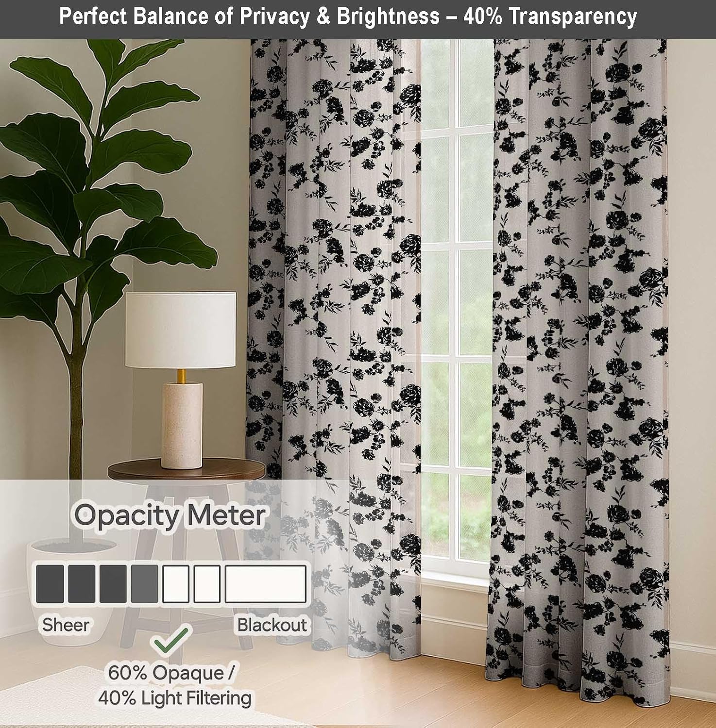 Cotton Curtains for Windows - 3-in-1 Rod Pocket/Back Tab Short Window Drapes - Light Filtering Cotton Canvas Panels - Set of 2, 52"x63" - Floral Print (White)