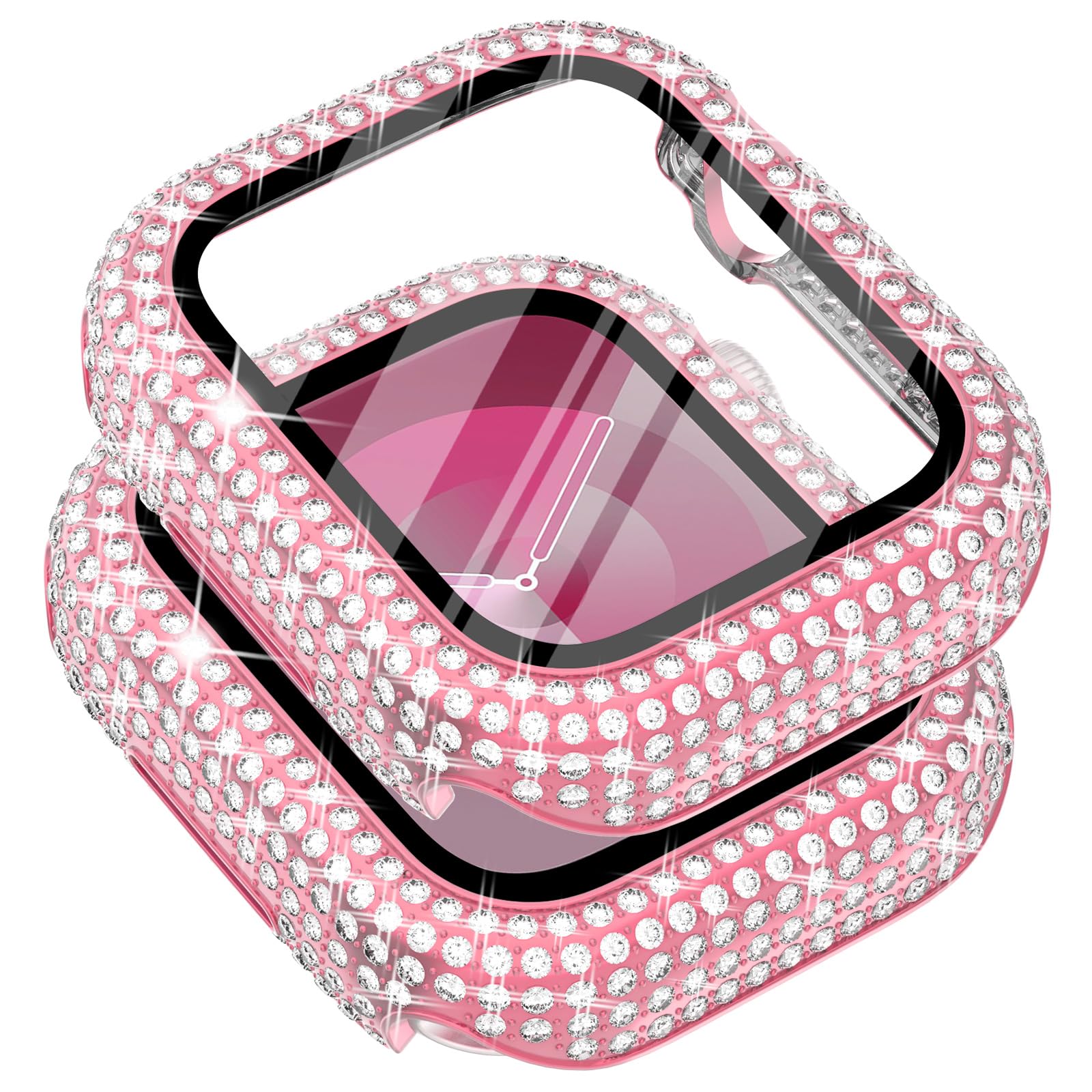 Surace 45mm Case Compatible with Apple Watch Series 9 Series 8 Series 7, 400 Diamonds with Screen Protector Bling Case Tempered Glass Protective Cover for Apple Watch 9 8 7 45mm, Pink
