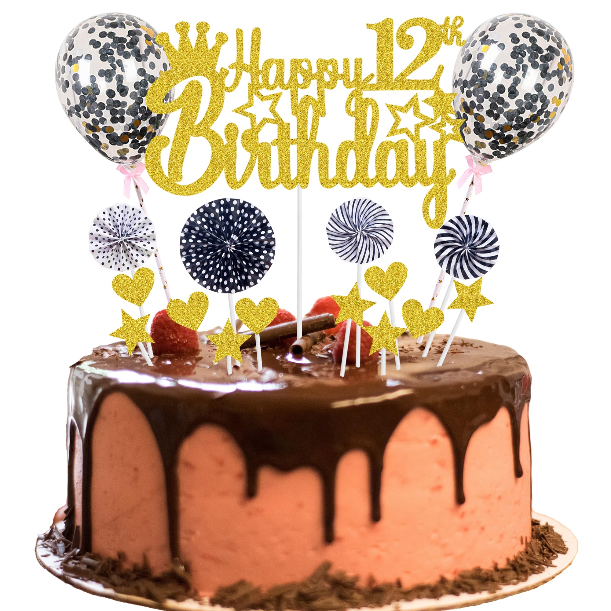 Set Decorazioni Per 12° Compleanno - Banner, Ghirlande E Spirali Oro E Nero - Per Ragazza E Ragazzo - 3