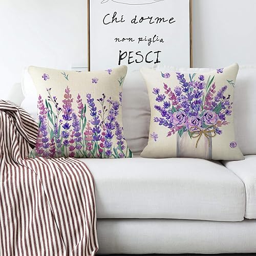 Miniatura 5 de Ficakst Juego de 4 fundas de almohada de 18 x 18 pulgadas con flores florales de lavanda morada, almohadas decorativas para primavera y verano,