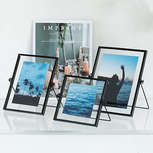 Miniatura 7 de Moderno marco de fotos cuadrado de metal flotante con cubierta de vidrio y soporte de caballete, color negro, 4 x 4 pulgadas