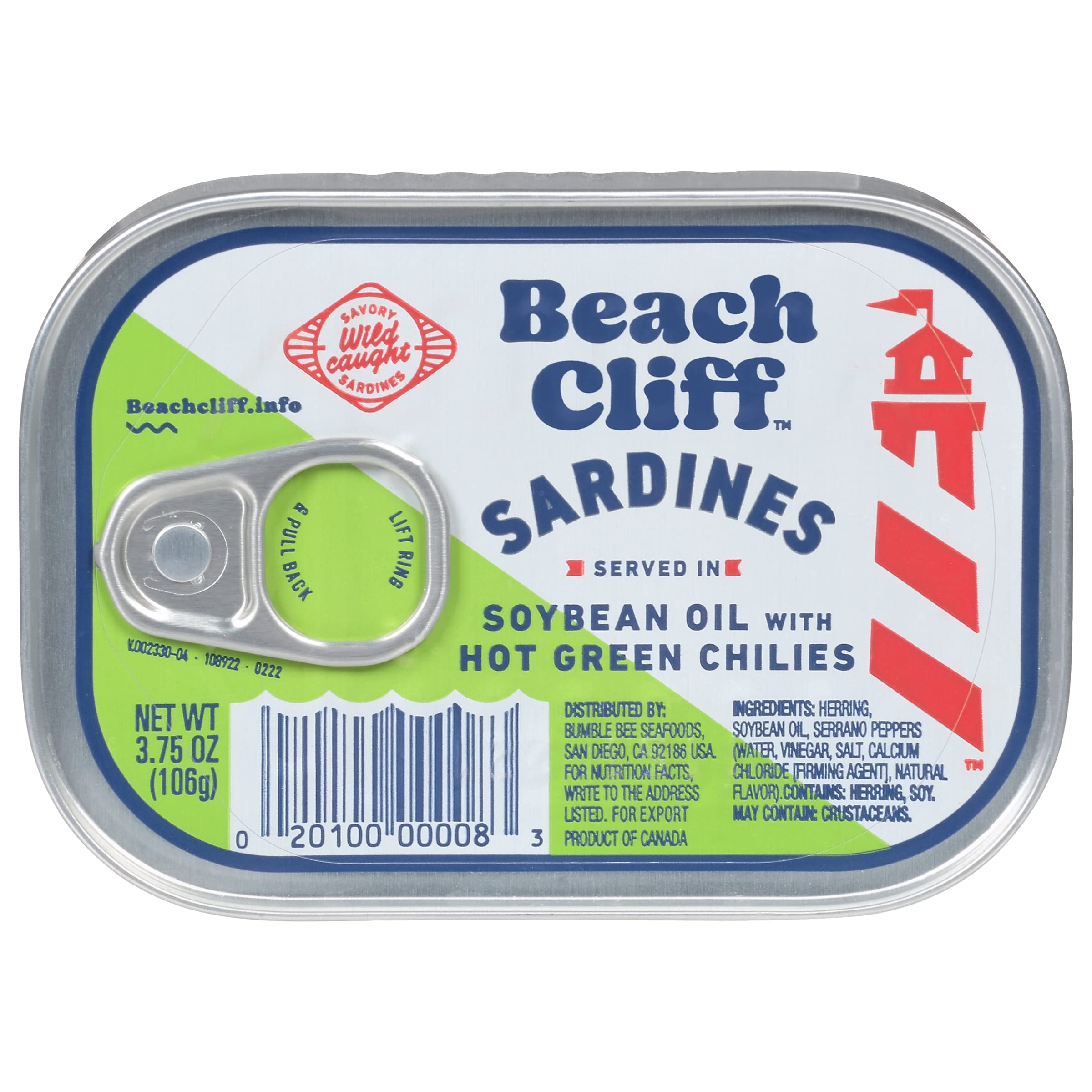 Beach Cliff Wild Caught Sardines in Soybean Oil with Hot Green Chilies, 3.75 oz Can - 12g Protein per Serving - Gluten Free, Keto Friendly - Great for Pasta & Seafood Recipes