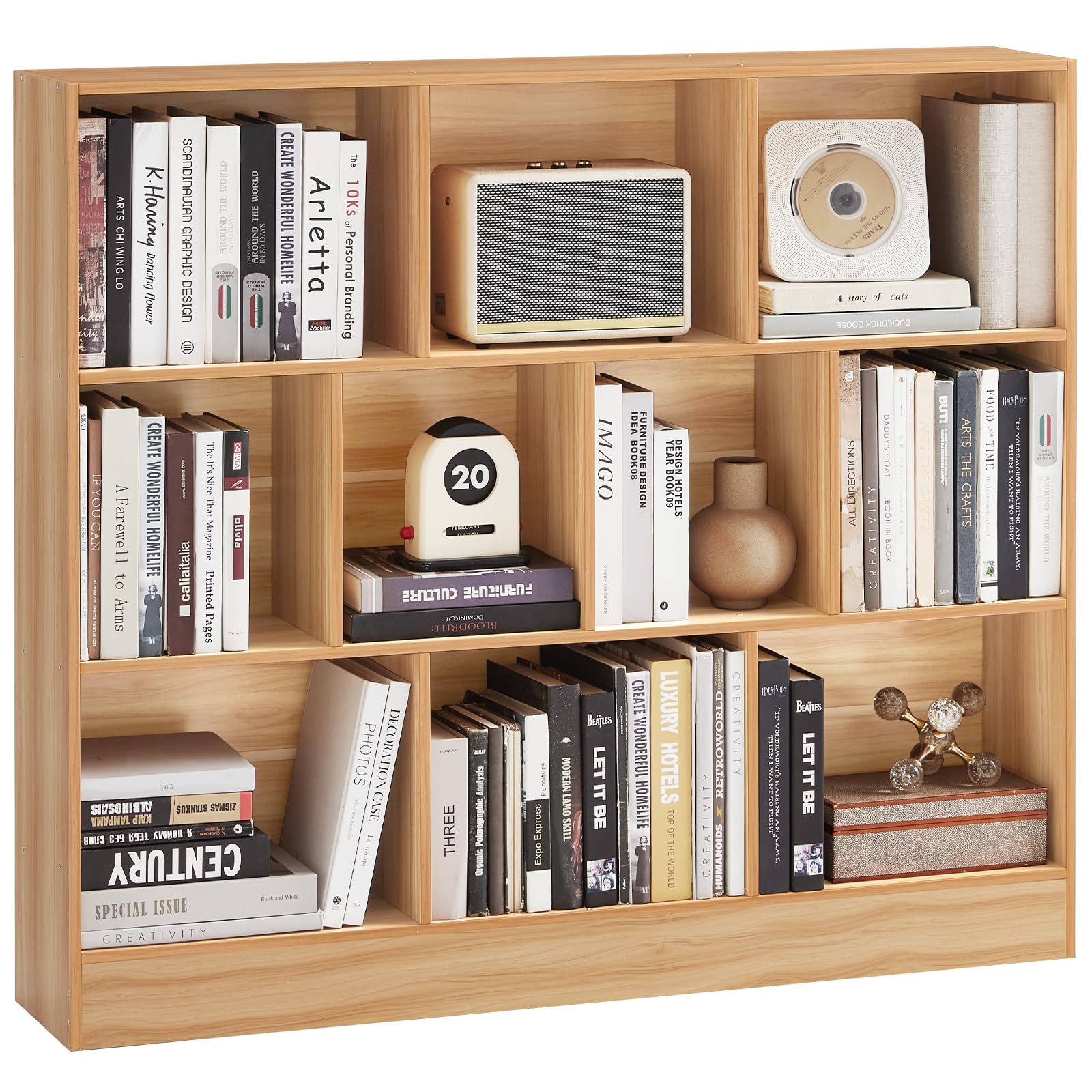 LEYAOYAO 10 Cube Bookshelf with Base,3 Tier Mid-Century Modern Grey Bookcase,Standing Wide Bookshelves Storage Organizer Shelf,Rustic Wood Display Cabinet Book Shelves for Bedroom,Living Room,Office