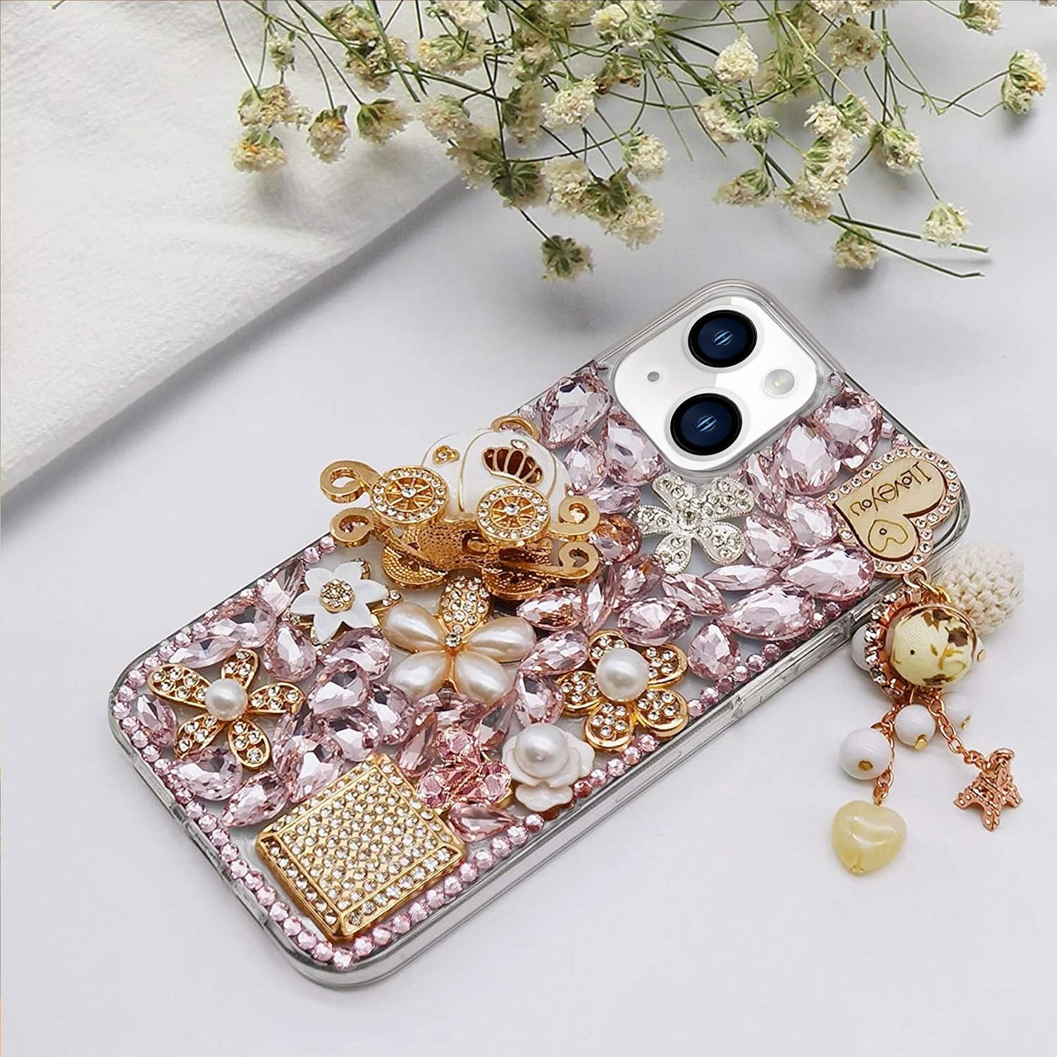 Guppy for iPhone 14 Bling Glitter Case,Luxury Diamond Rhinestone Gemstone 3D and Flower Gemstone Pumpkin Car Tower Pendant Pearl Soft TPU Back Cover Case for Women Pink - Image 5