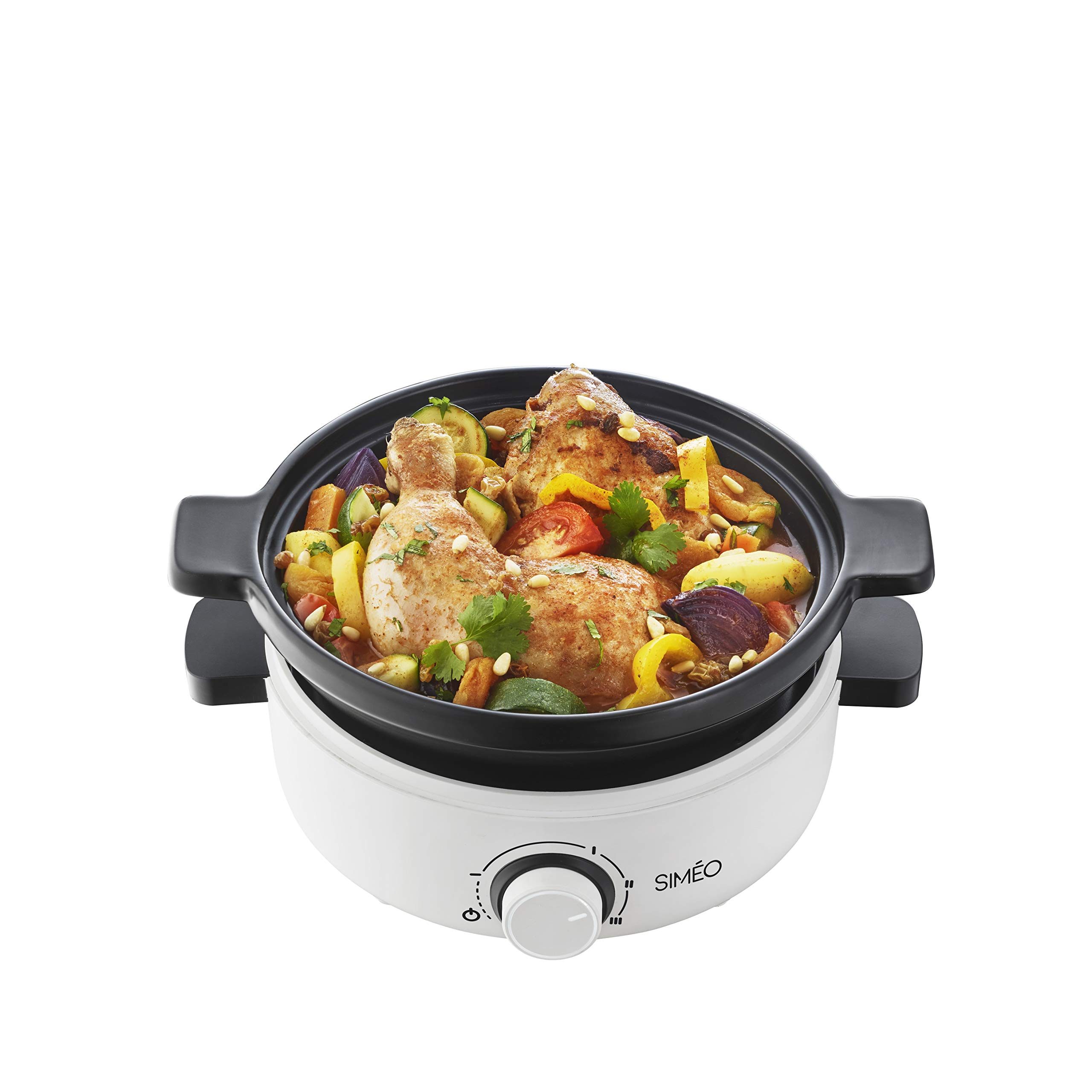 SIMÉO Tajine Électrique pour 4 Personnes - Cuisson Homogène, 3 Réglages de Chaleur - Couvercle en Céramique, Plaque Grill Intégrée - Capacité 1,8L - 30,5 x 25 x 26 cm - Blanc