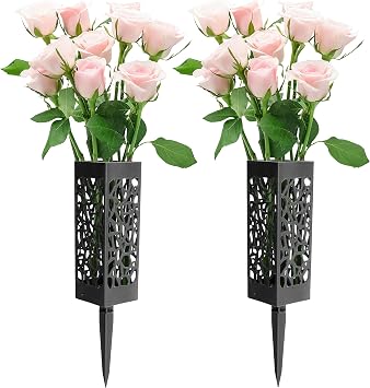 Wehhbtye 2 Pack 12 inch Memorial Cemetery Floral Holder Decoration-Plastic Floral Vase Cones with Long Spike Stake and Drainage Holes for Gravestone Grave Yard Ground Outdoor Flower Marker