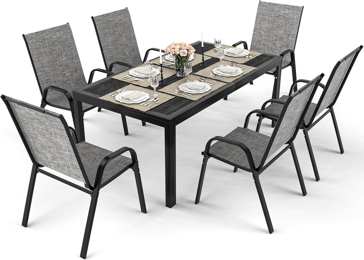Pamapic Outdoor Dining Sets for 6, Rectangular Steel Slat Table with 6 Textilene Chairs, 7 Piece Patio Table and Chairs Set with Umbrella Hole for Patio, Garden, Backyard and Poolside (Grey)