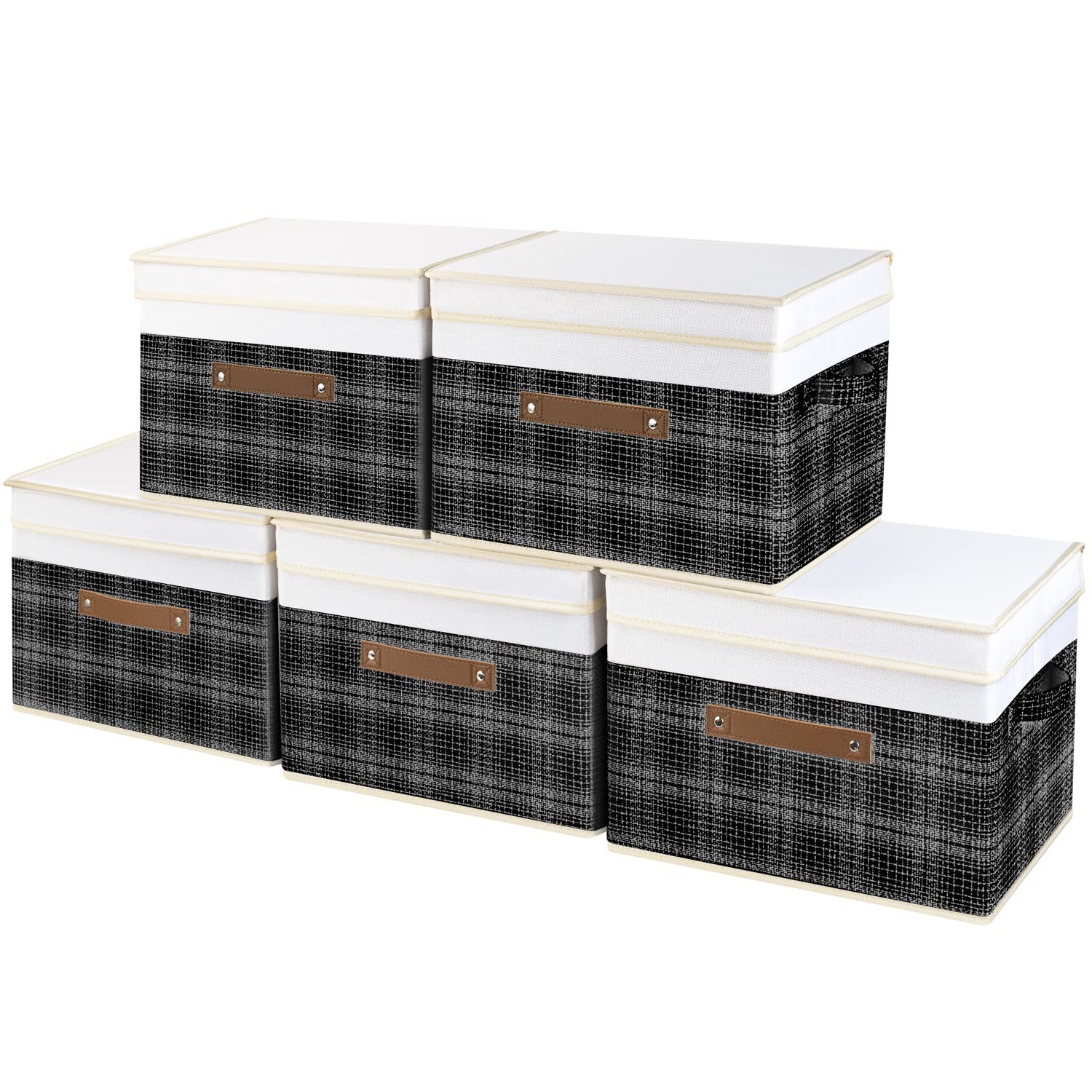 TYEERS Collapsible Storage Box with Lid, Patchwork Design, Decorative, Fabric Storage Box for Clothes, Wardrobe Storage, 38x25x25 cm, Set of 5, Black