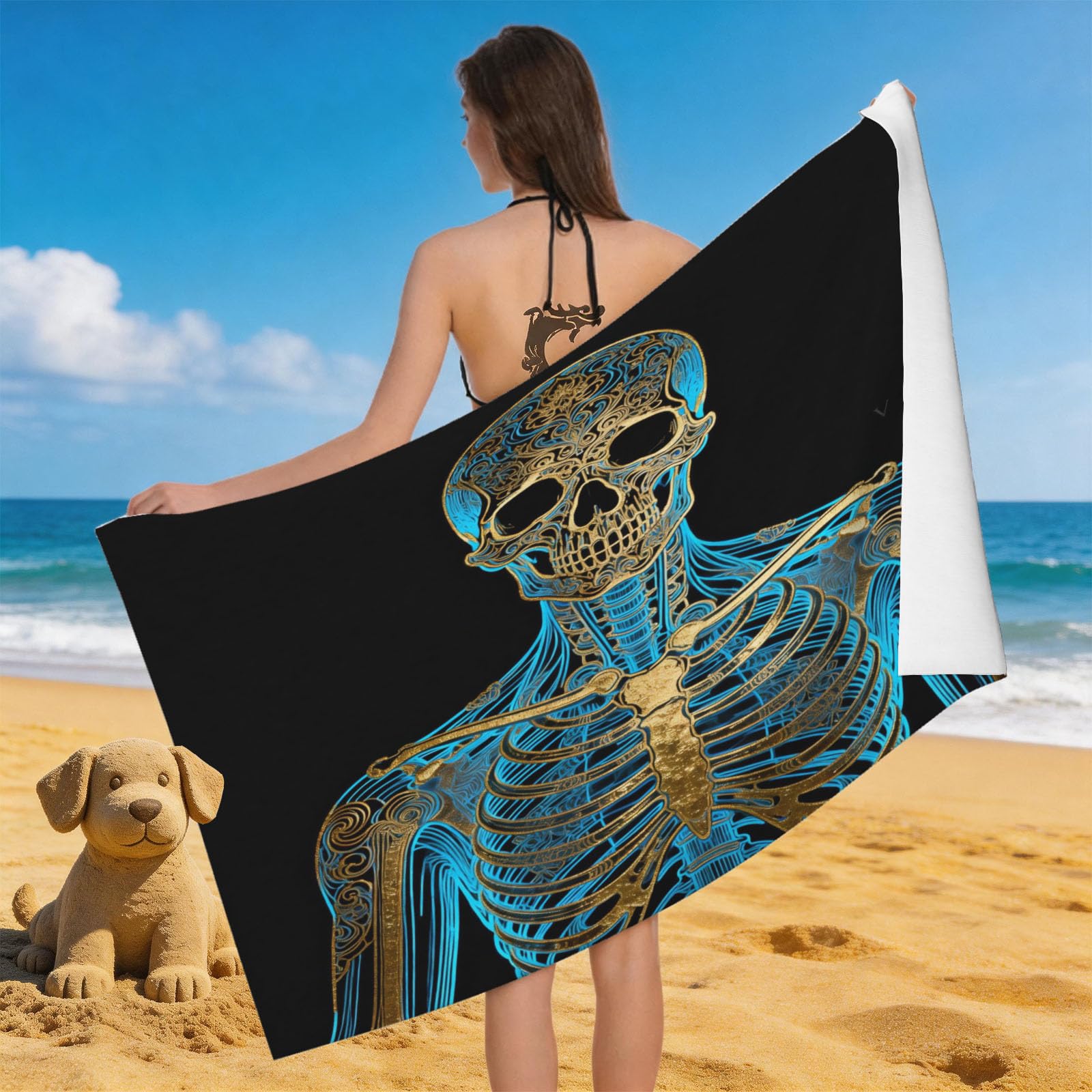 Leichong 3D Skull Beach Towel Microfiber Soft Quick Dry for Adults, Chic Bath Towel Lightweight Soft Absorbent for Travel Swimming Pool Sports, 75 x 150 cm