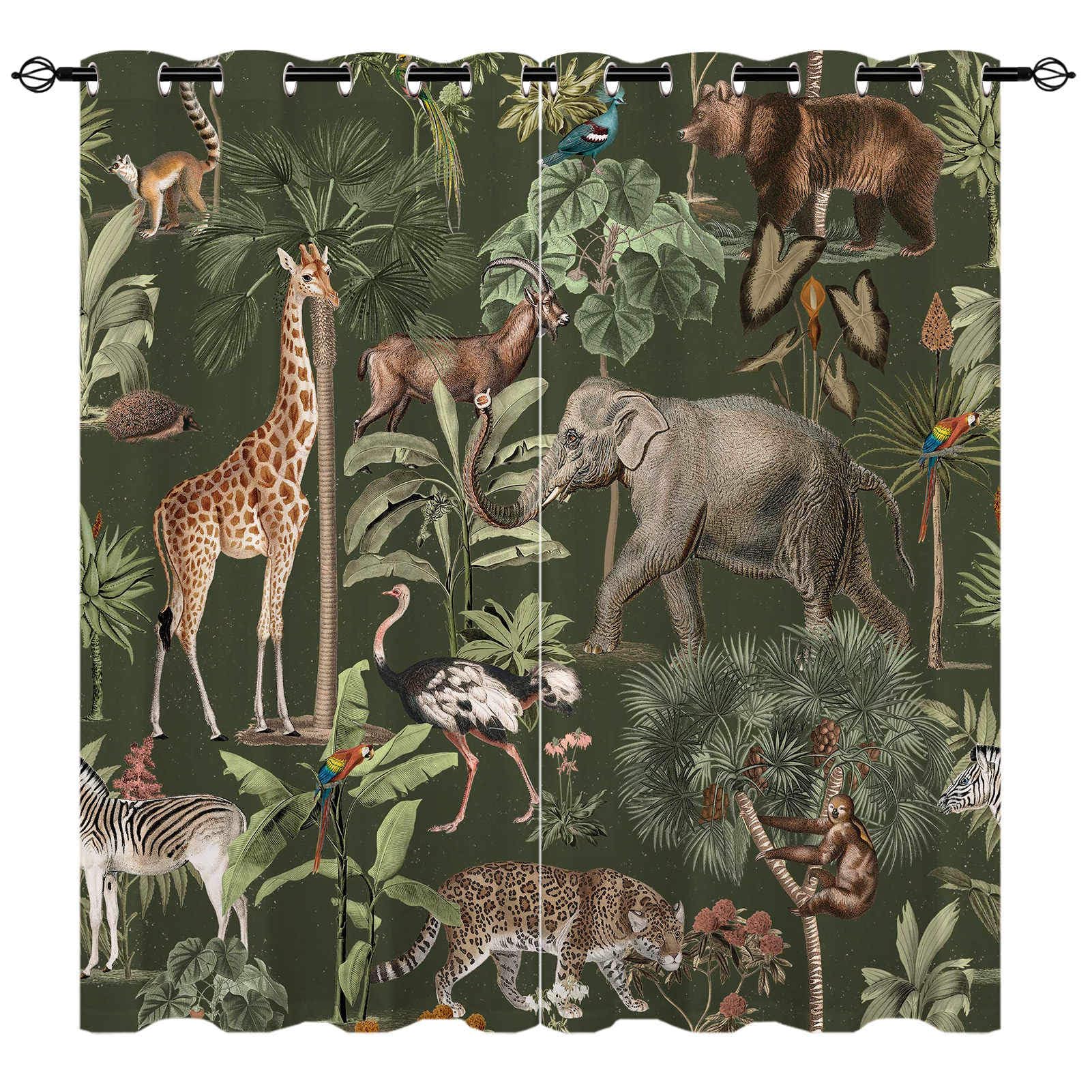 Safari Wild Tier Vorhänge Bär Giraffe Dschungel Ösen Gardinen mit Blickdichte Vorhang Kälteschutz Blackout Curtain Kinderzimmer Schlafzimmer Verdunkelung Fenster, 2 Stück, H 245 x B 140 cm