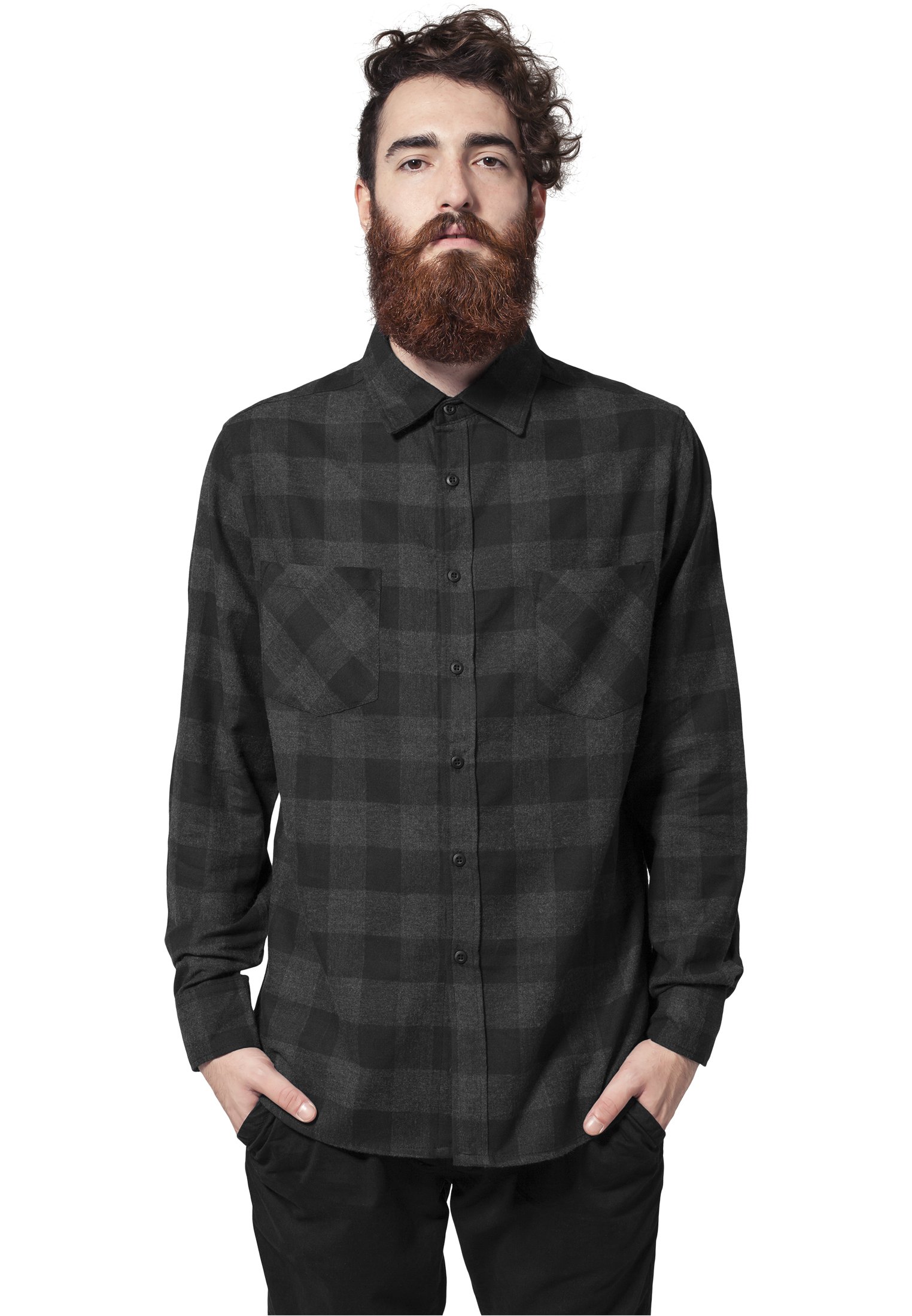 Urban Classics Men's Checked Flannel Shirt Casual Button-Down Shirt, Longsleeve Dress Shirt with Forearm Buttons, Regular Fit, 100% Flannel Yarn blk/cha M