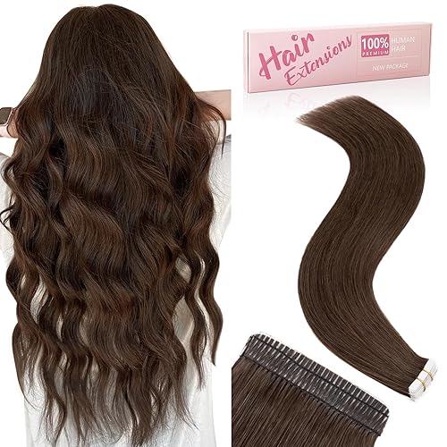 Extensiones de cabello humano con cinta adhesiva, color marrón chocolate, 20 unidades, 1.76 onzas, extensiones de cabello humano real con doble