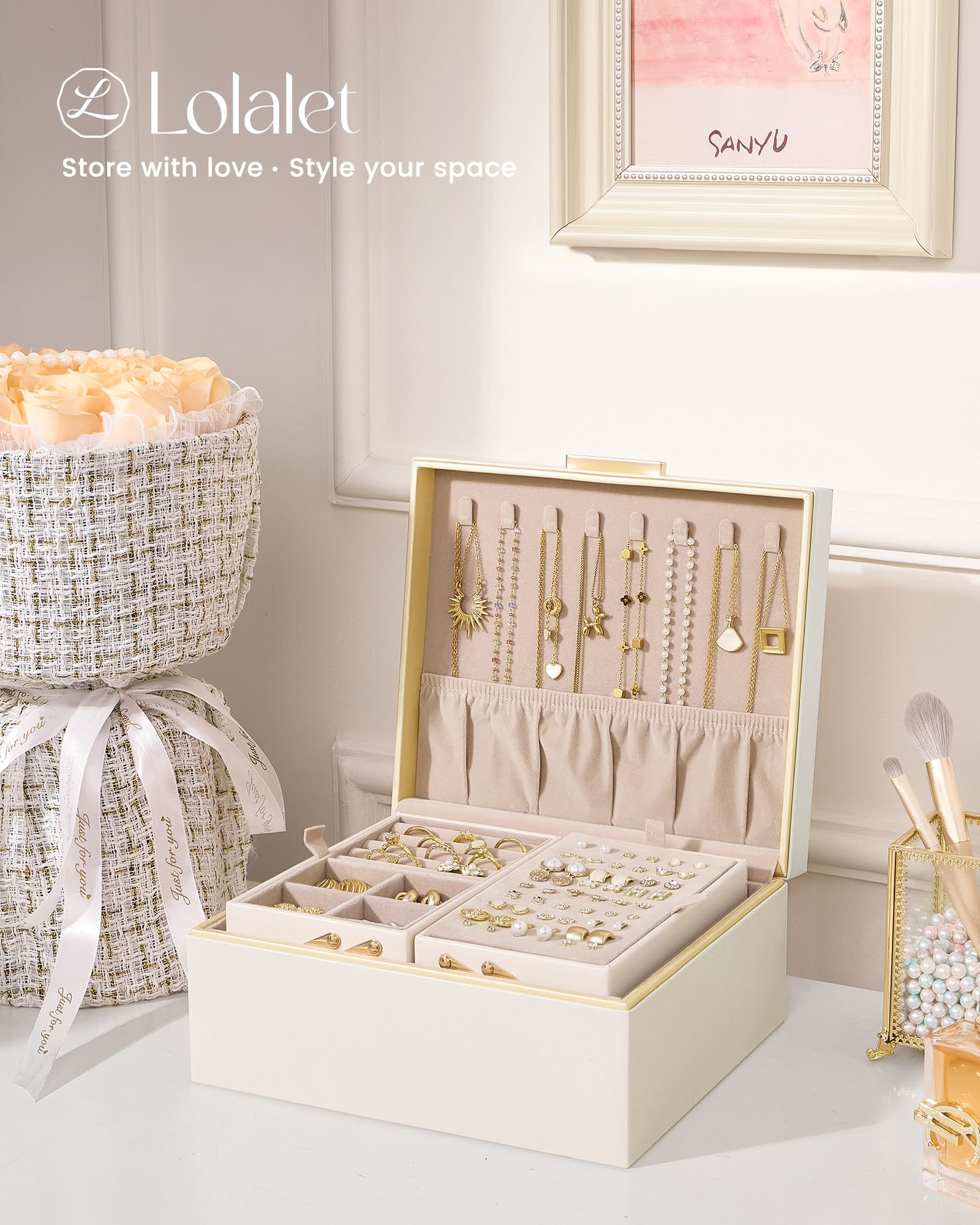 Lolalet Jewelry Box Organizer for Women Girls, 2 Layer Jewelry Organizers and Storage for Necklace Earrings Rings Bracelets, Large Jewellery Holder Case Birthday Christmas Gifts -Cream
