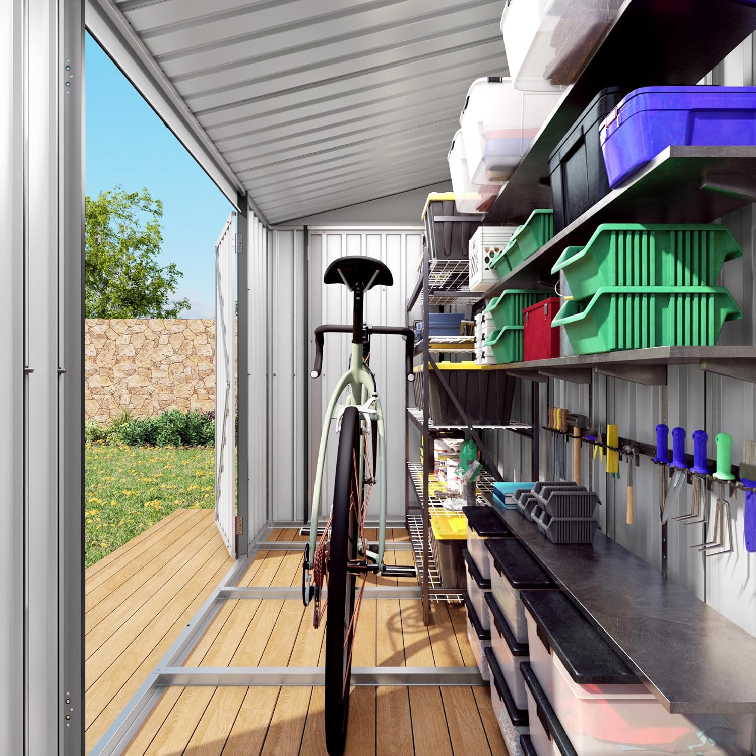 9x4 FT Galvanized Steel Sheds & Outdoor Storage with Floor Frame, Garden Shed with Two Lockable Doors & Air Vent & Sloping Roof for Bike, Backyard