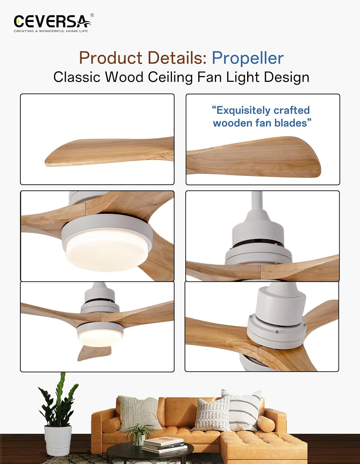 42 Inch Natural Wood Ceiling Fan with Lights and Remote, 3-Blade Outdoor/Indoor Fan for Patio and Living Room, Noiseless Reversible DC Motor, Modern Farmhouse Style