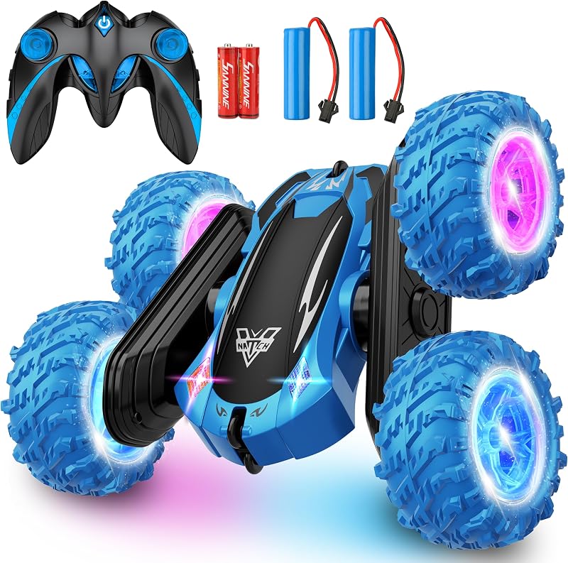 KKONES auto de Control Remoto, 2,4 GHz, Doble Cara, Giros de 360 ​​°, auto de Acrobacias RC | Ruedas LED y faros 4WD Race Stunt Car, autos todoterreno de alta velocidad, regalo de juguete para niños de 3 4 5 6 7 8-12 años (azul)