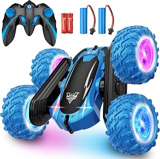 KKONES Remote Control Car, 2.4GHz Double Sided 360° Flips RC Stunt Car | LED Wheels & Headlight 4WD Race Stunt Car, High Speed Off Road Cars Toy Gift for 3 4 5 6 7 8-12 Year Old Boy Toys (Blue)