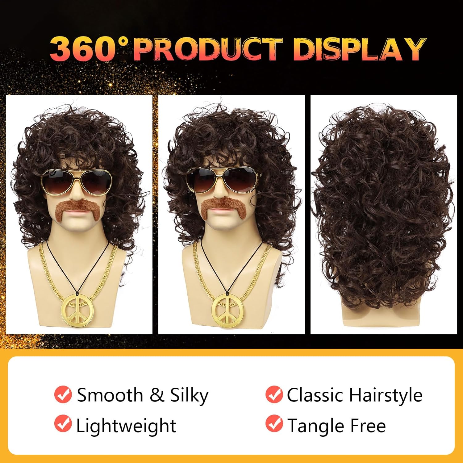 6 Pcs Set 70s 80s Mens Disco Wig with Sunglasses Mustache Peace Sign Necklace Golden Chain for Rocker Party Long Brown Curly Wig with Bangs for Halloween Costume Use - Image 3