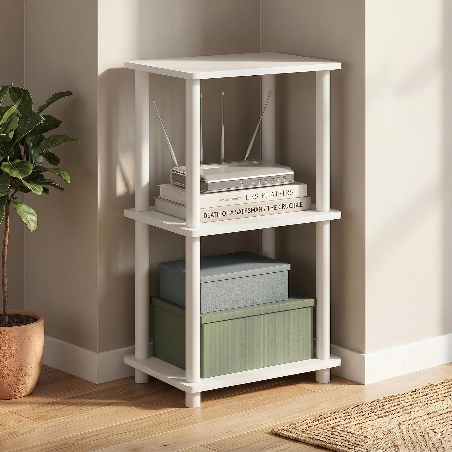 3-Tier Standing Corner Shelf, Toolless Assembly Open Frame Book Shelf, Open Shelves, Storage Shelves for Organization and Storage, Garage, Home Office, Living Room, White